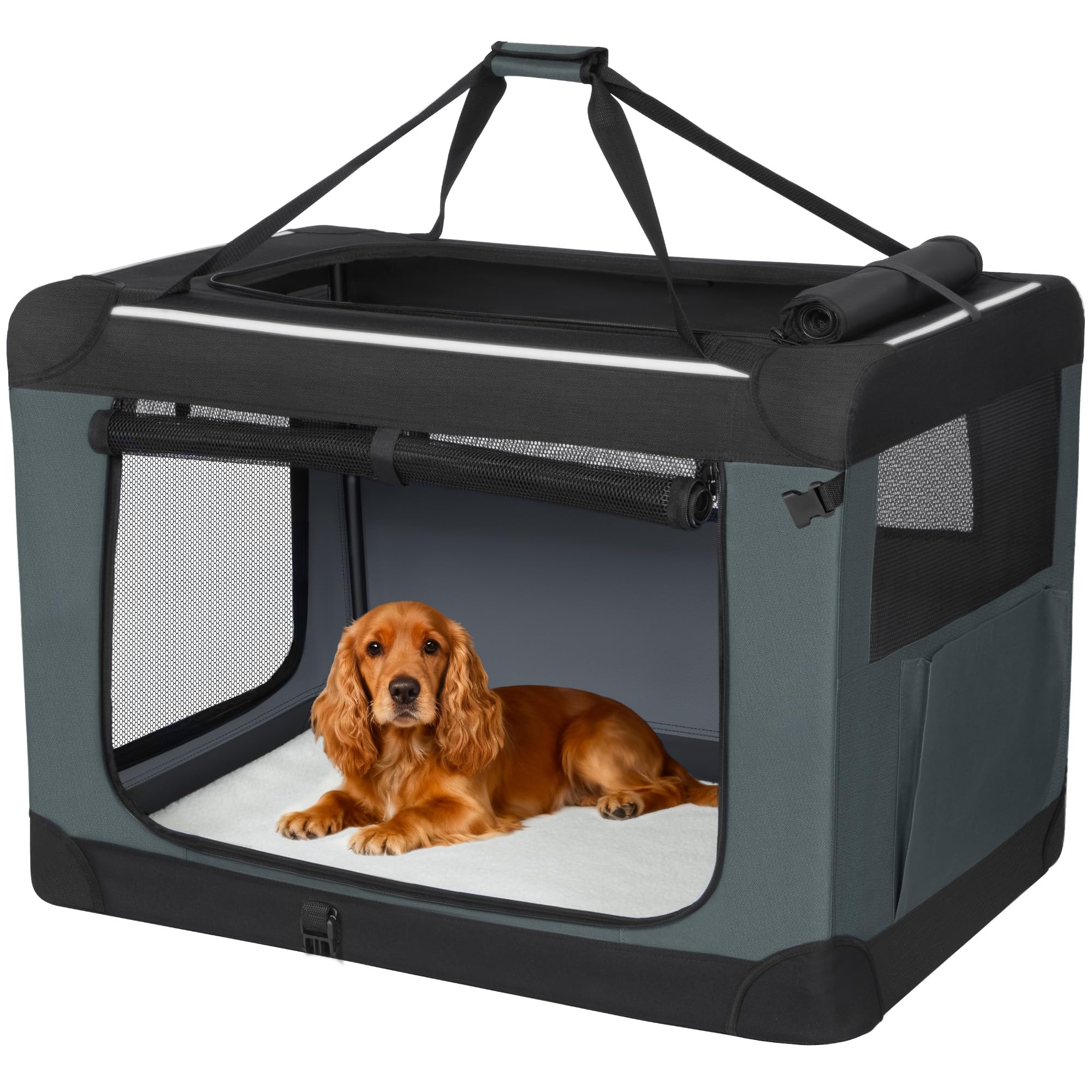Transportín para Perros a 3 Puertas, 76,2 x 53,4 x 53,4cm, Gris | Transportín Portátil y Transpirable para Mascotas, Ribetes Reflectantes y Bolsillo Tasca, Uso en Interiores y Exteriores