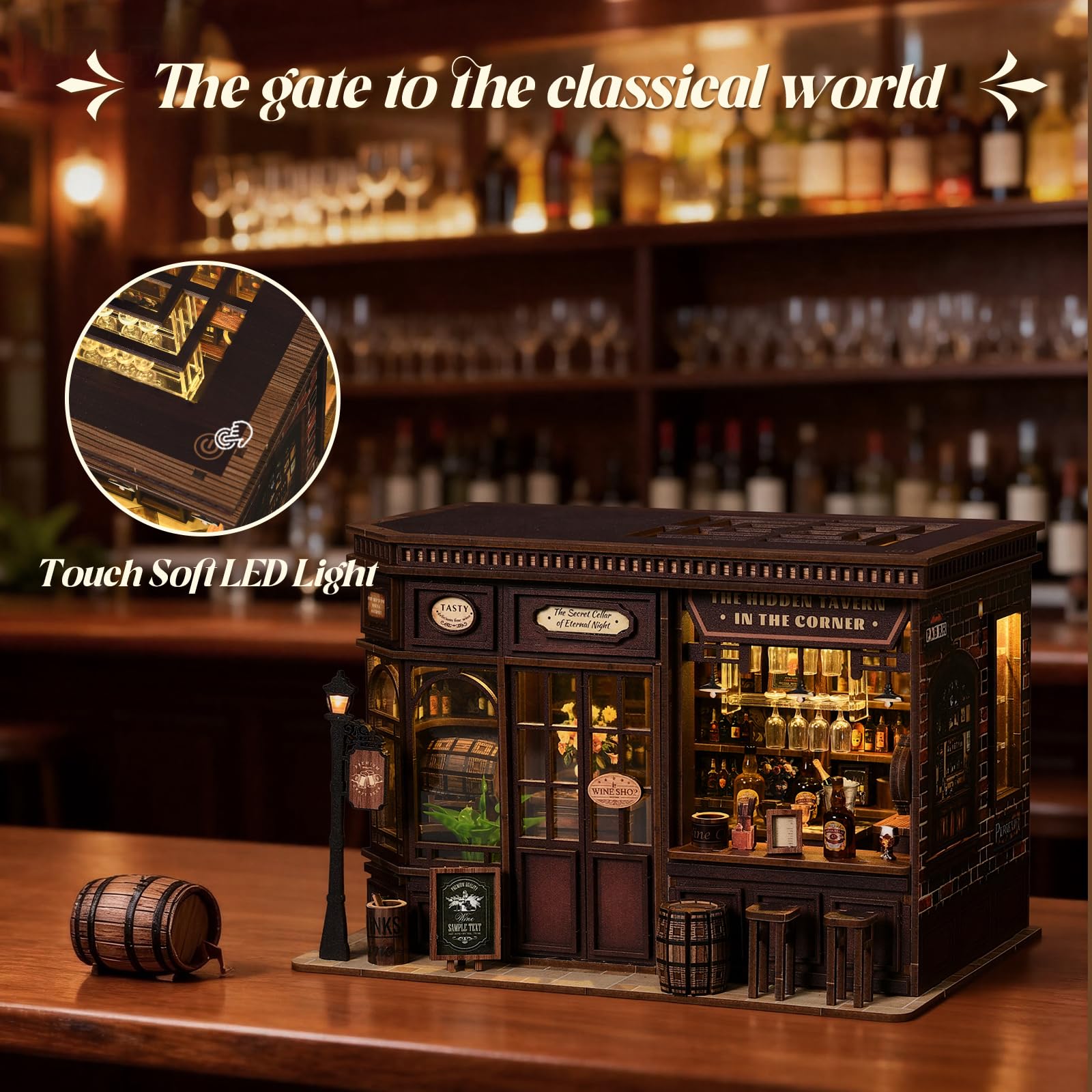 Book Nook Bistro ze światłami, Puzzle 3D DIY miniaturowe drewno