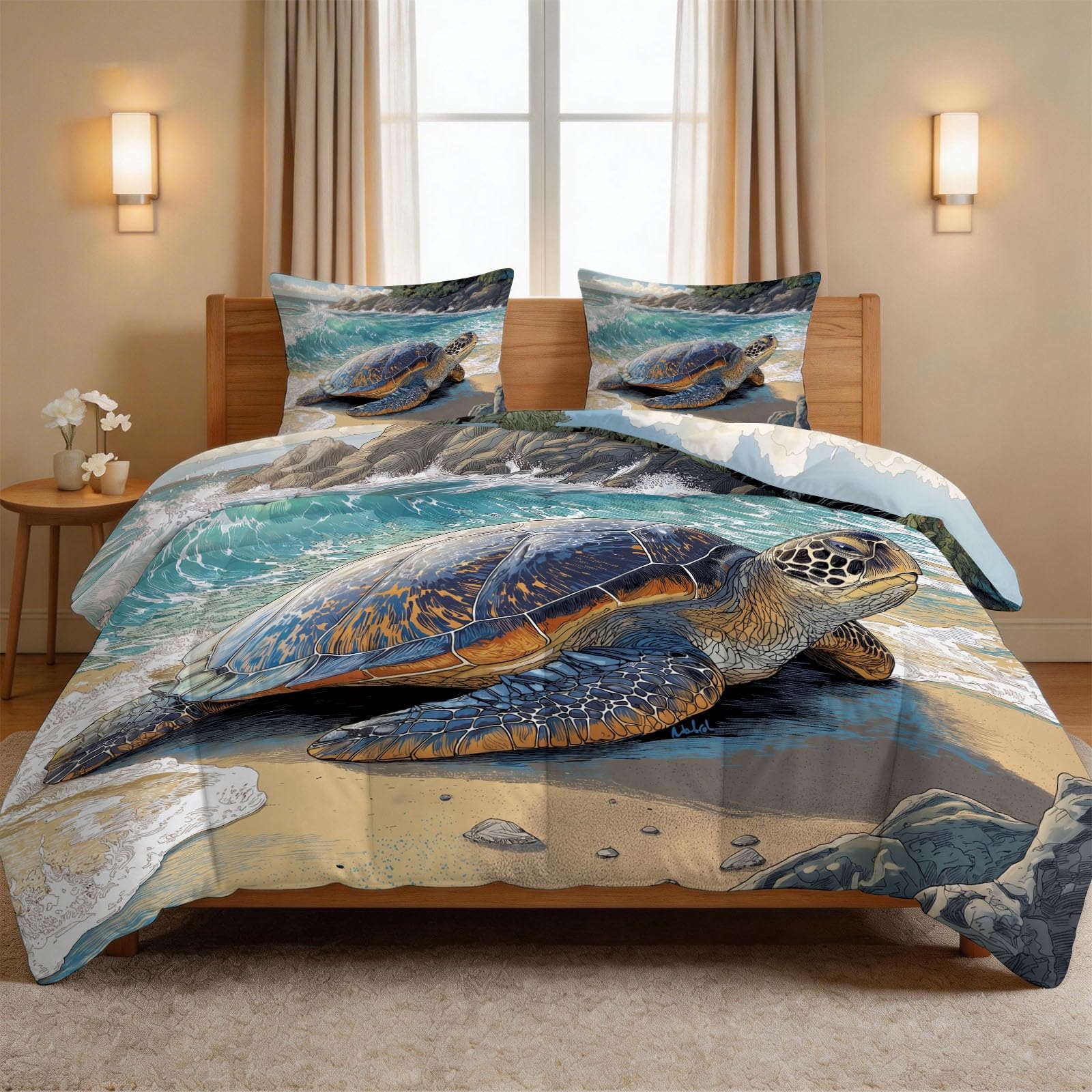 Couette 4 saisons tortue marine pour lit 1 personne avec 2 taies