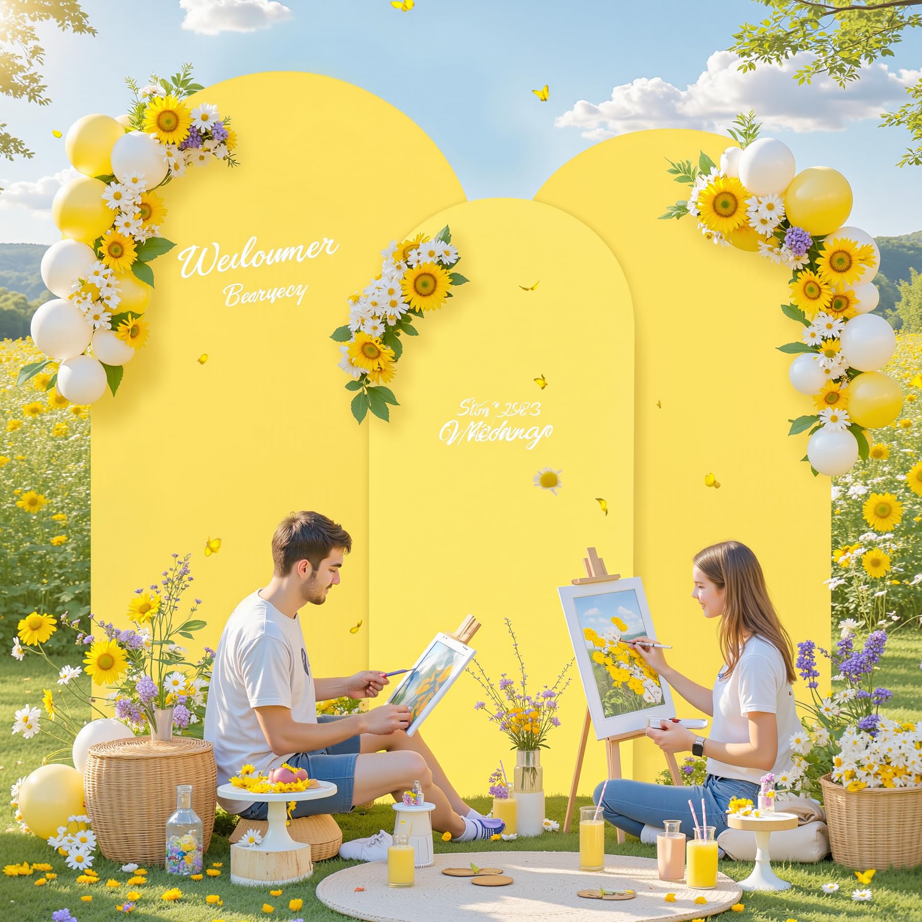 Lot de 3 housses de toile de fond en forme d'arche jaune de 2,2 m, 2 m, 1,8 m, extensibles pour fête de mariage, fête prénatale, anniversaire, photographie en élasthanne, rideaux décoratifs