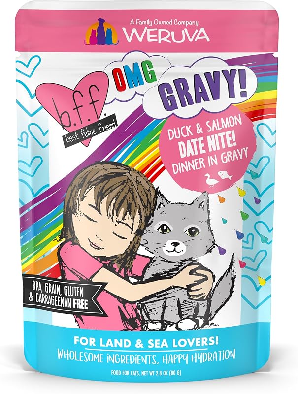 Ração úmida para gatos Weruva B.F.F. OMG! Date Nite! com Atum, Pato e Salmão ao Molho, Pacote com 12 sachês de 79 g