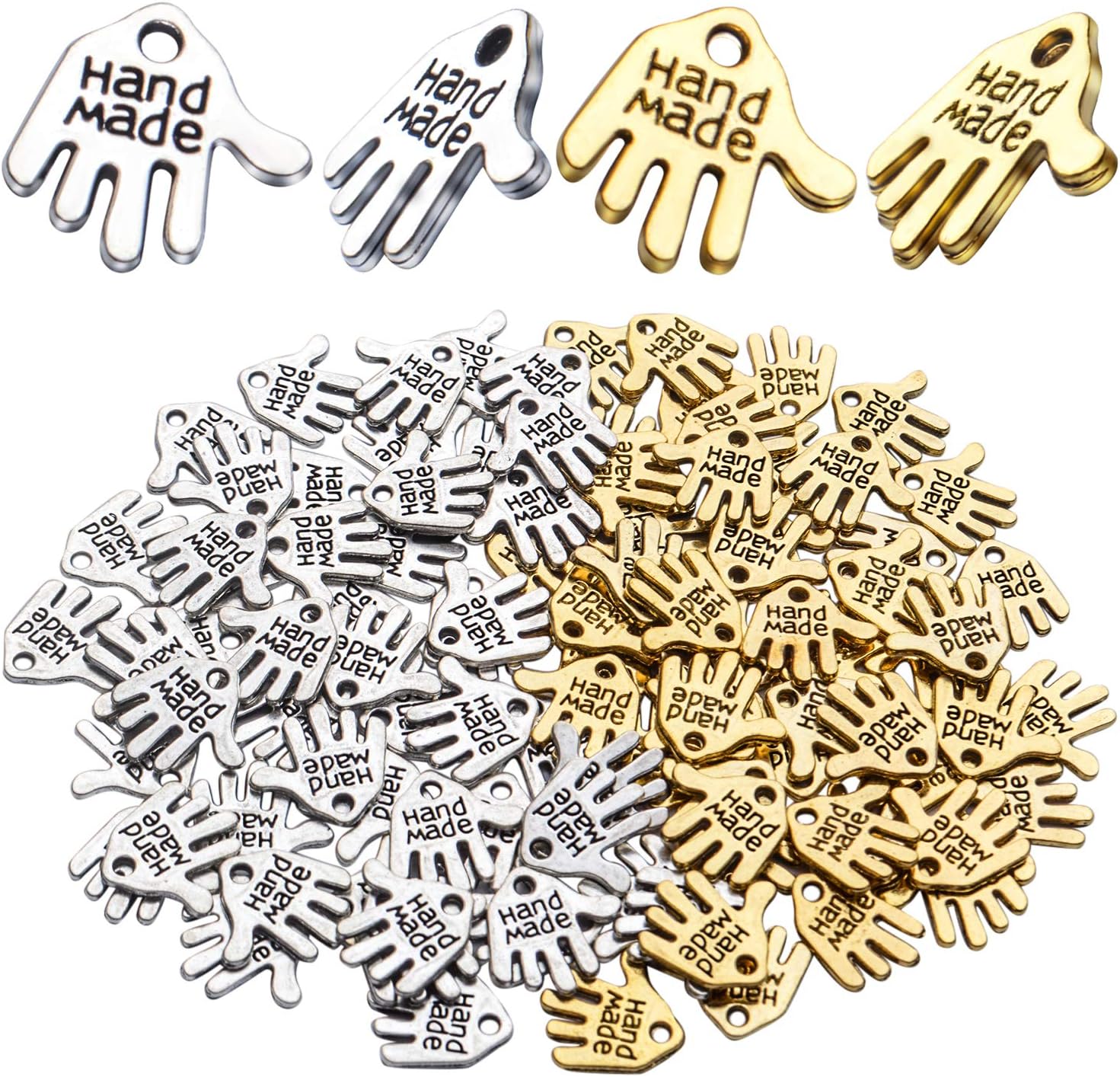 Hand Shaped Charms, 100pcs Tibetan Hand Shaped Charms Hand Made Tag Signs Pendants Carved Tone for Fashionable Jewelry Making Charms Crafting Sewing, Antique Golden, Antique Silver