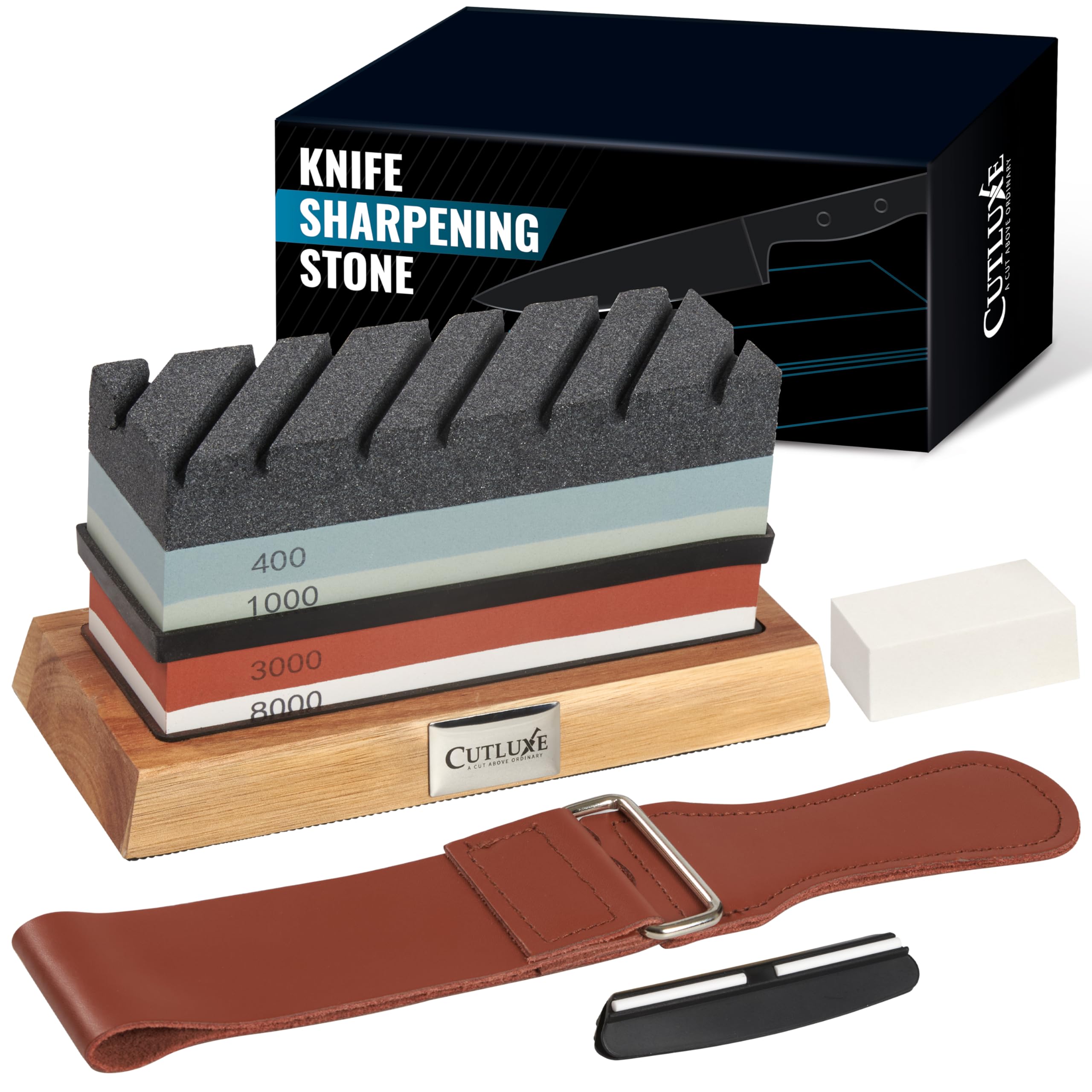 Cutluxe Whetstone Knife Sharpener – Sharpening Stone Kit, Professional 4 Side Grit 400/1000/3000/8000, Non Slip Acacia Wood Base, Angle Guide, Black Flattening Stone, Leather Strop