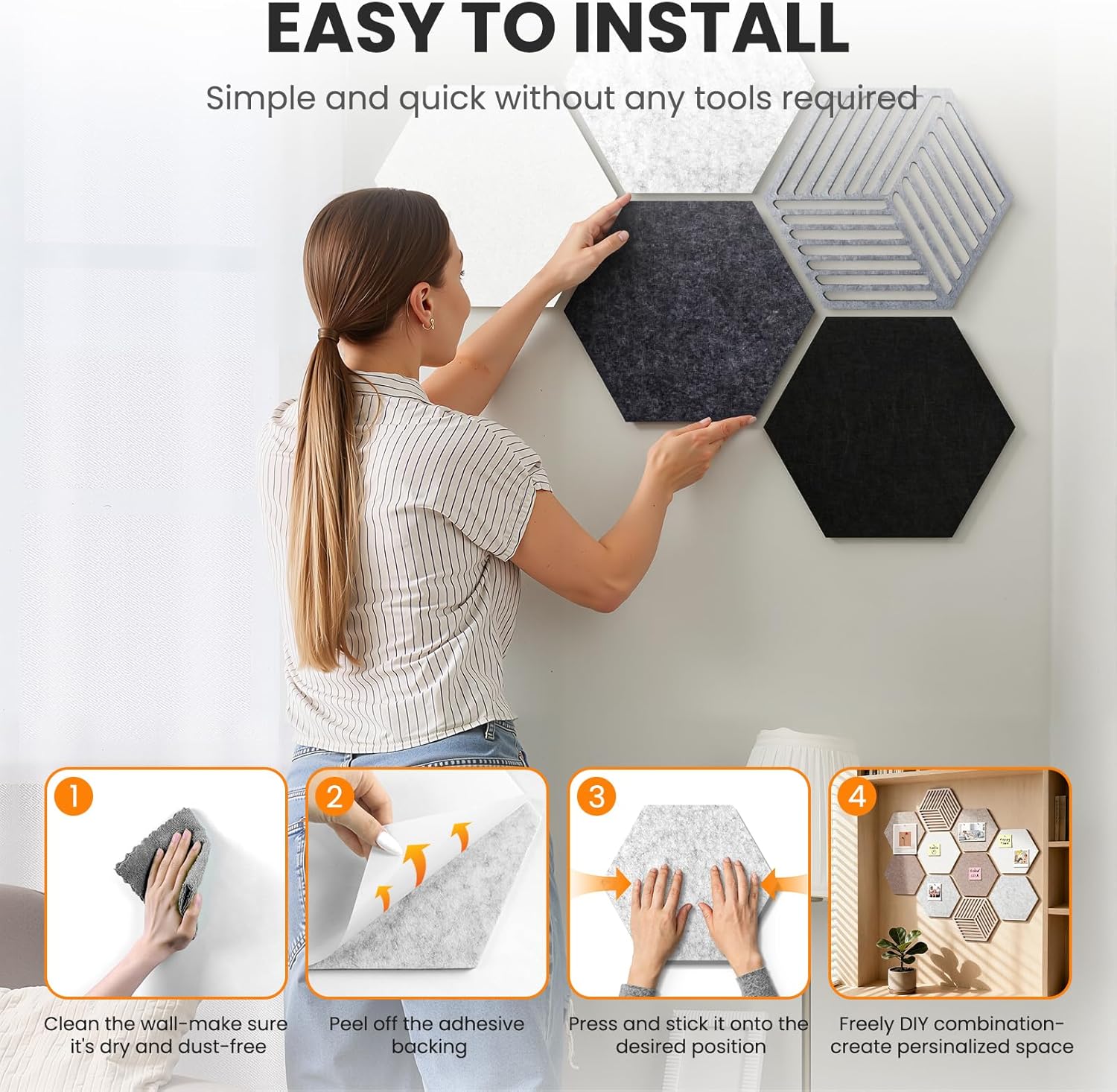Hexagon Cork Bulletin Boards for Walls Decor, 10 Pack Felt Board Tiles with 25 Push Pins, Photo Display Board for Office & Home Classroom DIY Decor