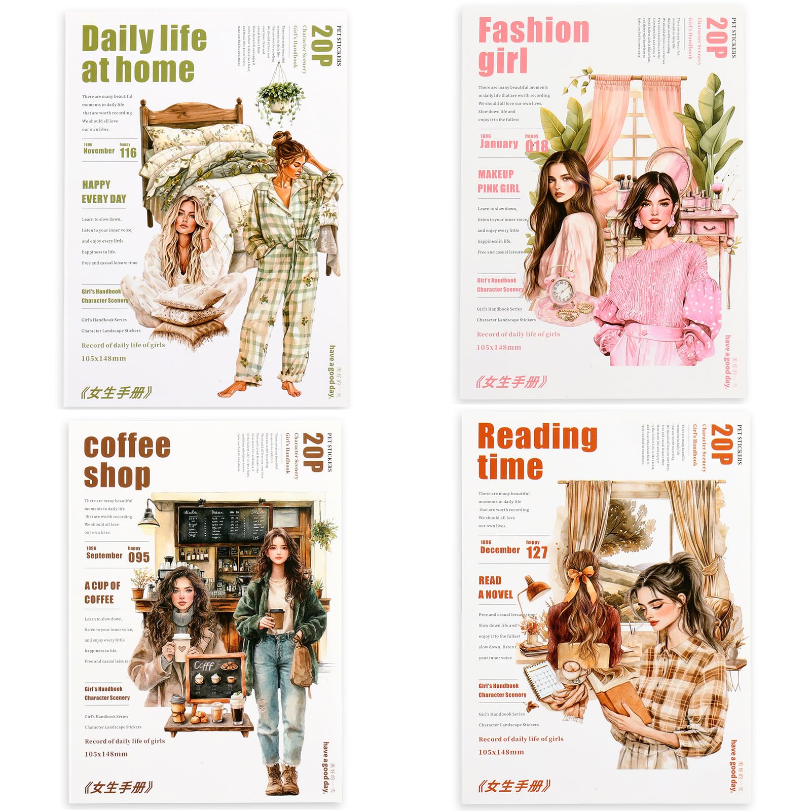 4 Bücher für Mädchen Journaling People Aufkleber für Scrapbooking 480 vorgeschnittene Haustier transparente Aufkleber für Journaling Scrapbooking Supplies