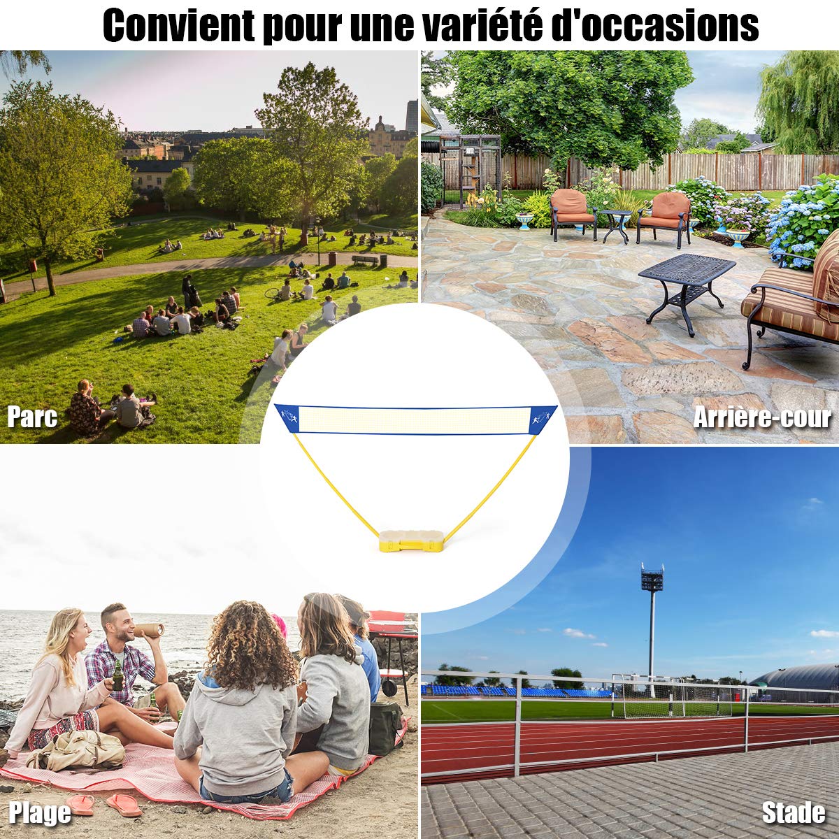 COSTWAY Filet de Badminton Portable 3M x 1,5 M avec Base de Rangement et Sac de Transport Set de Badminton 4 Raquettes, 2 Volants Installation Rapide pour Jeu de Plage,de Jardin