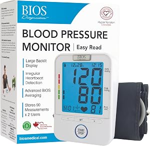 BIOS Diagnostic Blood Pressure Monitor - Easy Read, Easy to use, Accurate Readings,Extra Large Blue Backlit Screen, 2 Users, 90 memory, Home Use, The #1 Canadian Blood Pressure Manufacturer*