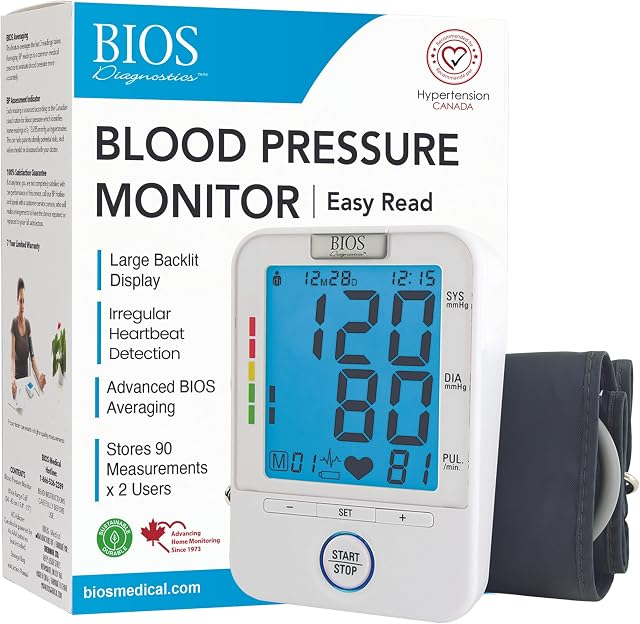 BIOS Diagnostic Blood Pressure Monitor - Easy Read, Easy to use, Accurate Readings,Extra Large Blue Backlit Screen, 2 Users, 90 memory, Home Use, The #1 Canadian Blood Pressure Manufacturer*
