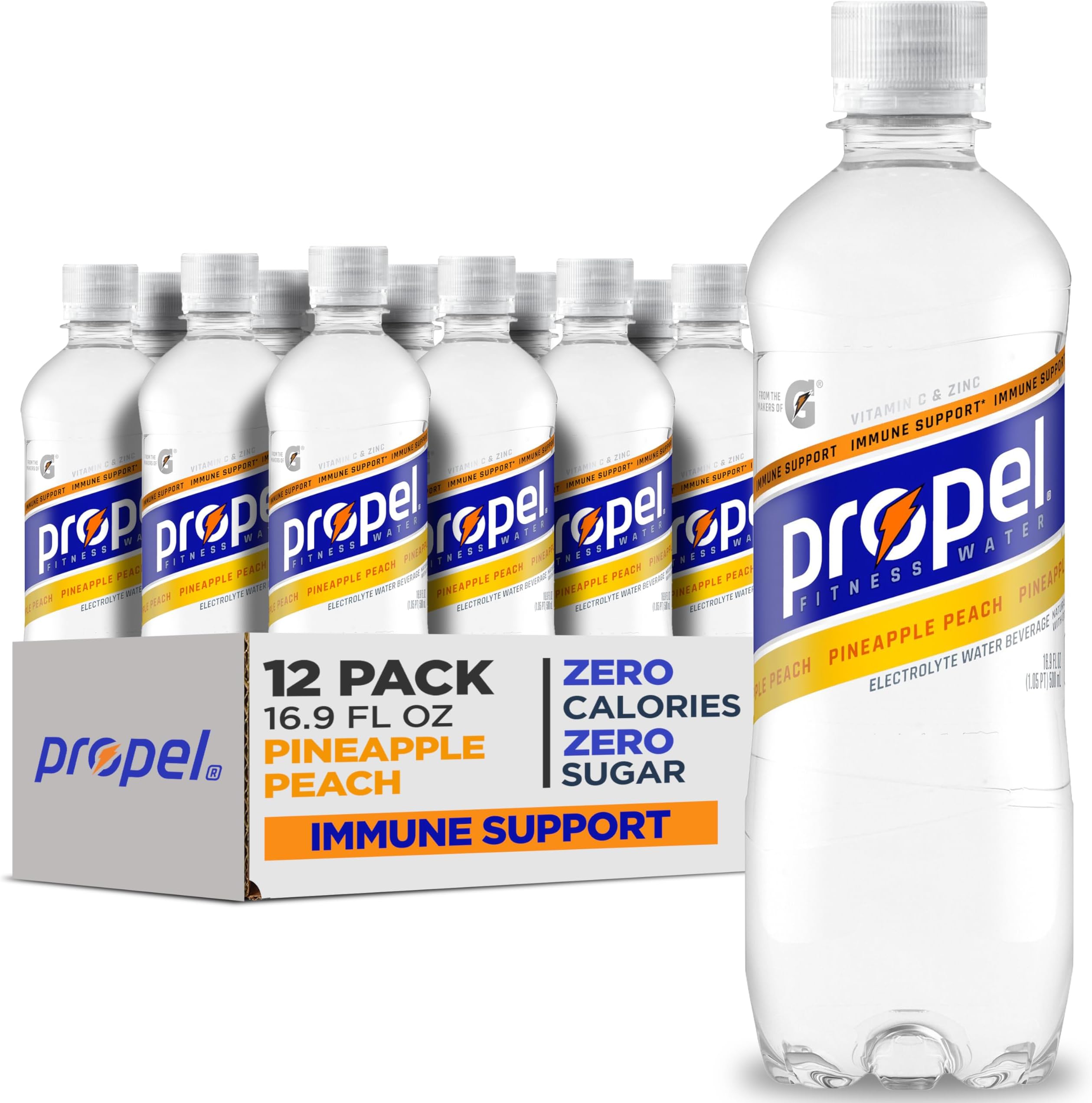 Immune Support Electrolyte Enhanced Water Sports Drink, Pineapple Peach Flavored Water, 100% DV Vitamin C + Zinc, Zero Calorie & Zero Sugar Hydration with Electrolytes and Vitamins, 16.9 fl oz Water Bottles (12 Pack)