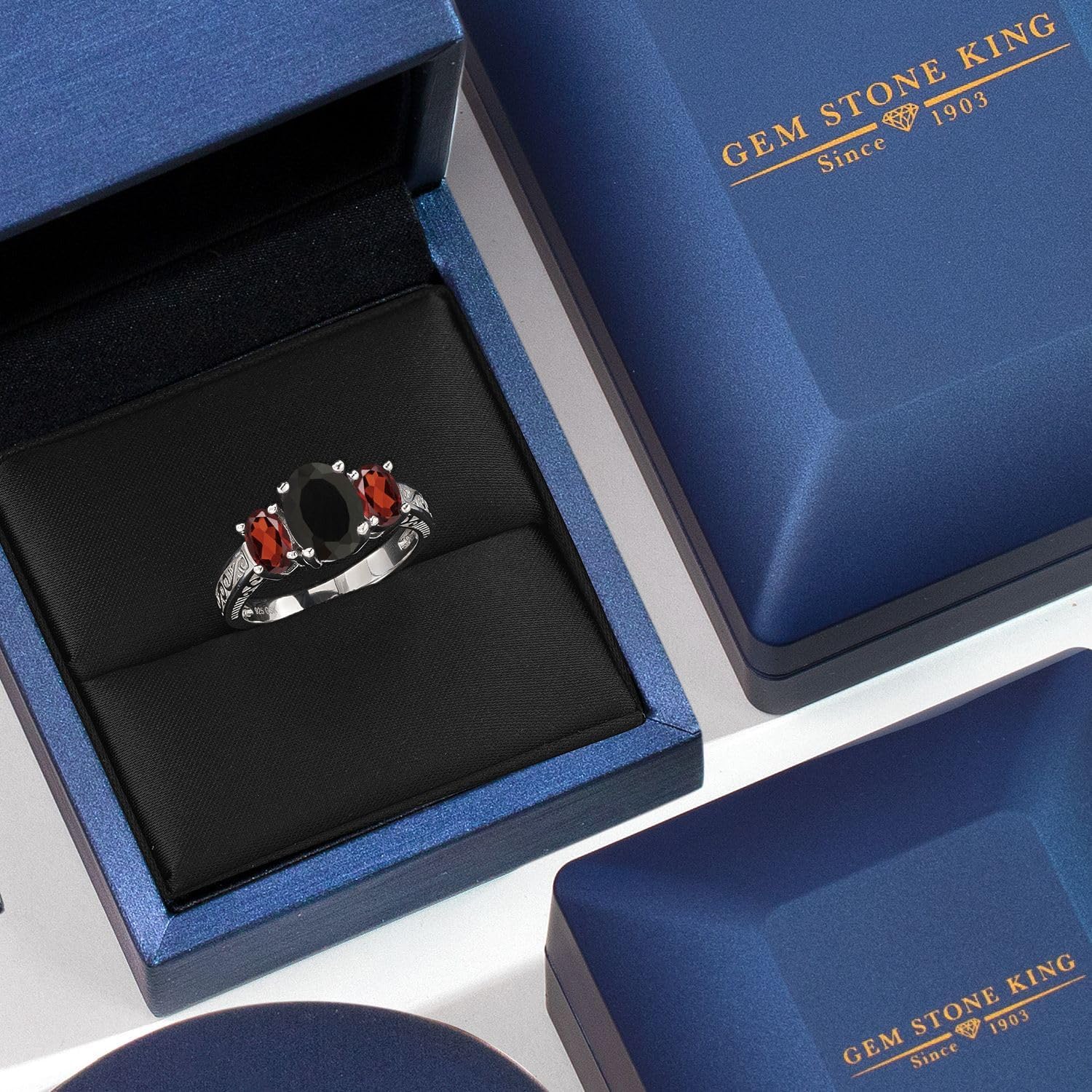 Gem Stone King 2.73 Cttw Black Onyx and Red Garnet 3 Stone Ring For Women | 925 Sterling Silver | Gemstone Birthstone | 3 Stone Wedding Engagement Anniversary Promise Ring For Women