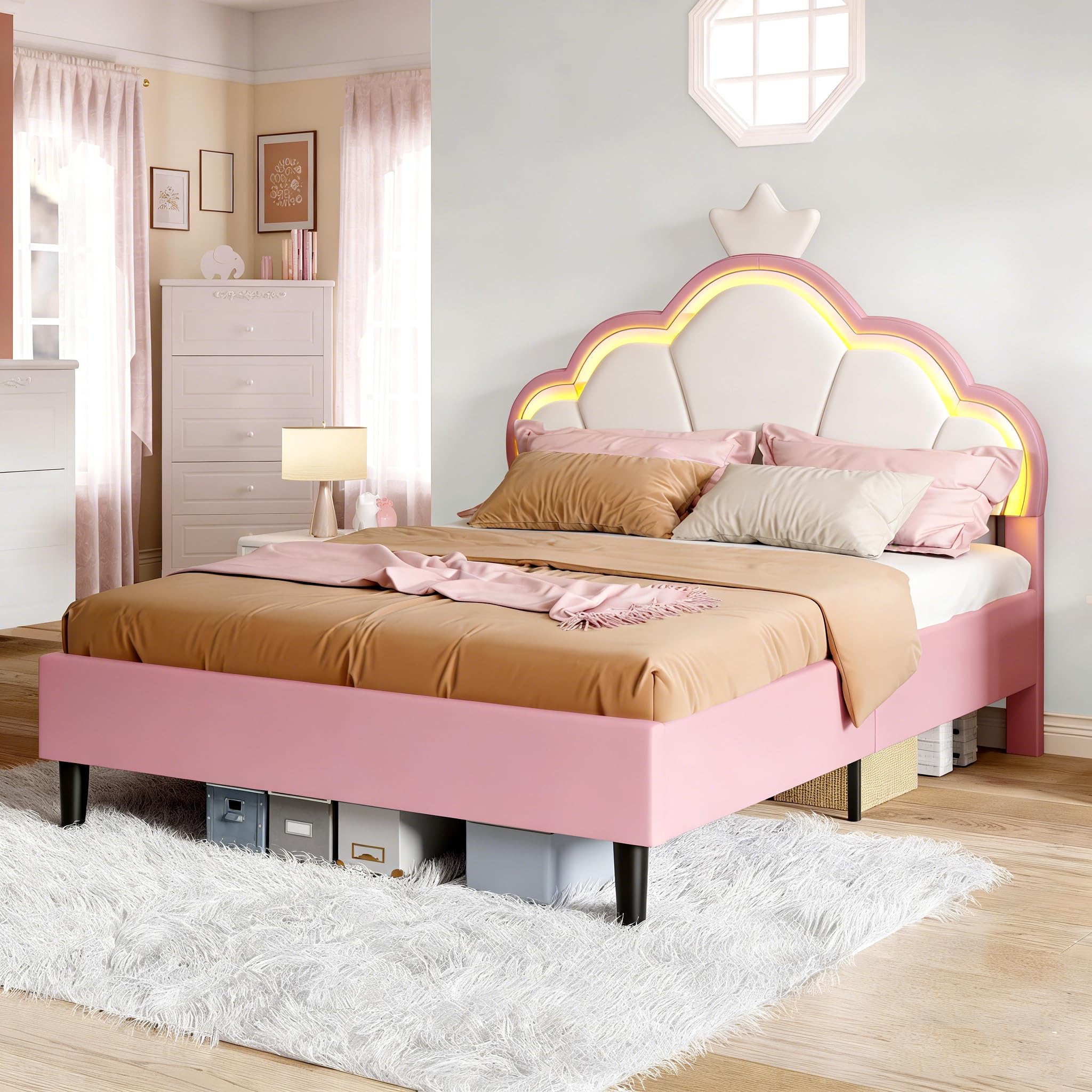 Cama de terciopelo 140x200 con cabecero acolchado de diseño corona y somier resistente de madera