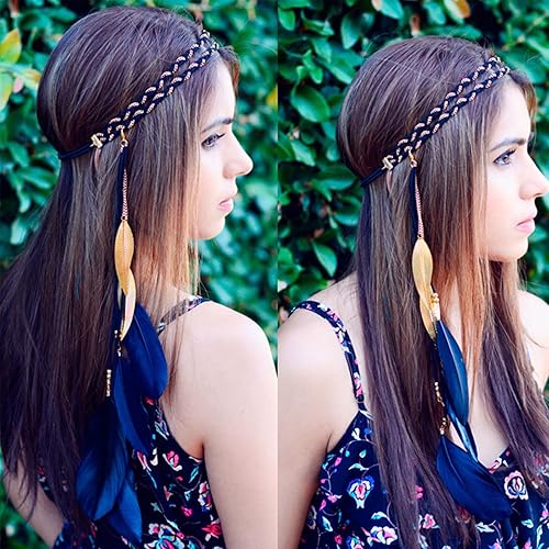 Miniatura 5 de Diadema de plumas bohemias, bandas para el pelo de hojas indias hippie con borlas, aros bohemios para el cabello, diadema para mujer, Halloween,