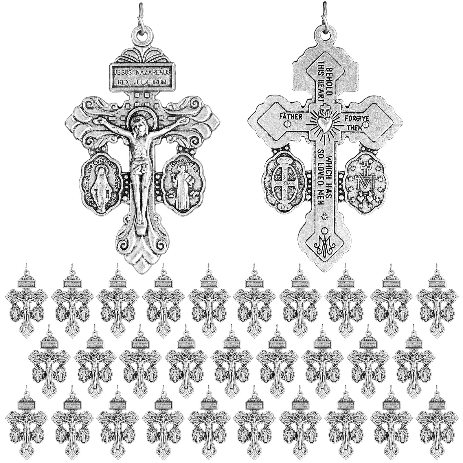 Loetere 30 Pcs Catholic Crucifix for Rosary Making Bulk 2.2 Inch Cross Charms Pendants Pardon Crucifix for Rosaries Jewelry Making DIY Charms Crafts Supplies (Silver)