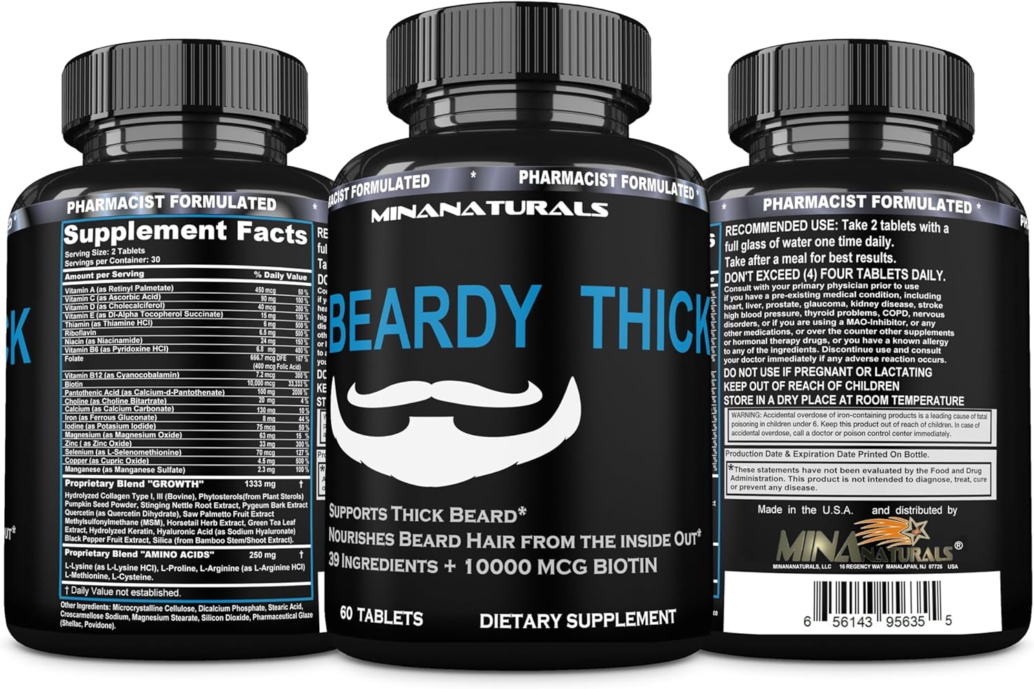 BEARDY Thick Beard Growth Vitamins for Men, B7 Biotin 10000 mcg, Keratin, Collagen, Silica, and 36 More. Grow Beard Thicker, Stronger. Facial Hair Growth Treatment. 60 Tablets - Image 9