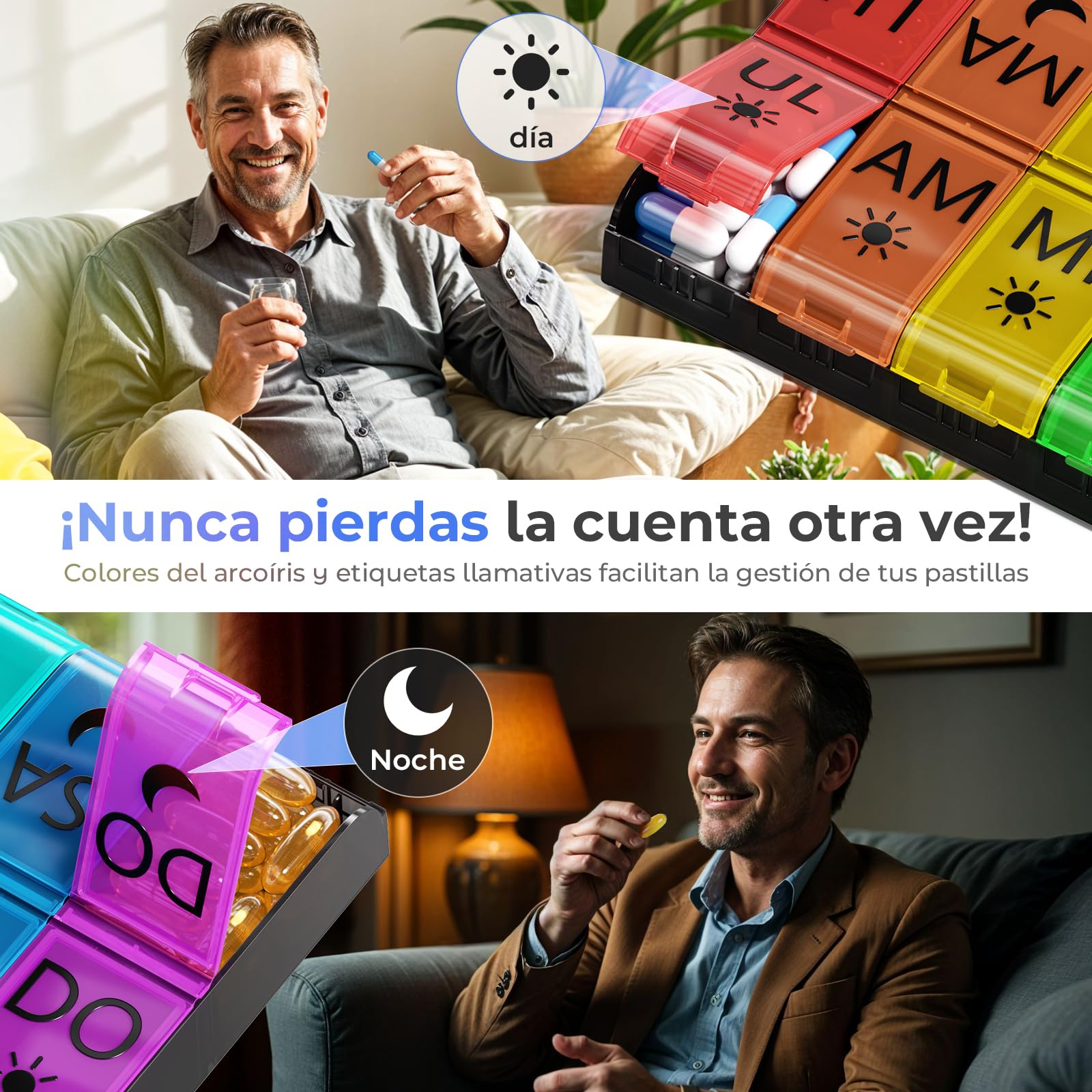 COLORWING Pastillero Semanal 2 Tomas Español, Pastillero Grande con 14 Compartimentos XL, Pastillero Diario para 7 Días, Organizador de Pastillas y Medicamentos, Perfecto para Uso en Casa y Viajes