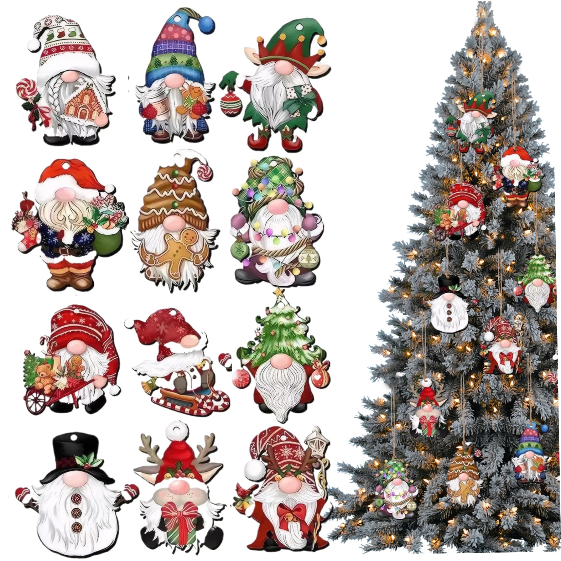Ngbbby 48Pcs/2Sets 48 Pcs Christmas Tree Ornaments, Wooden Christmas Gnomes Pendant With Hanging Rope 3.15" Xmas Tree Hanging Ornament For Wreaths Garlands Car, Ornaments