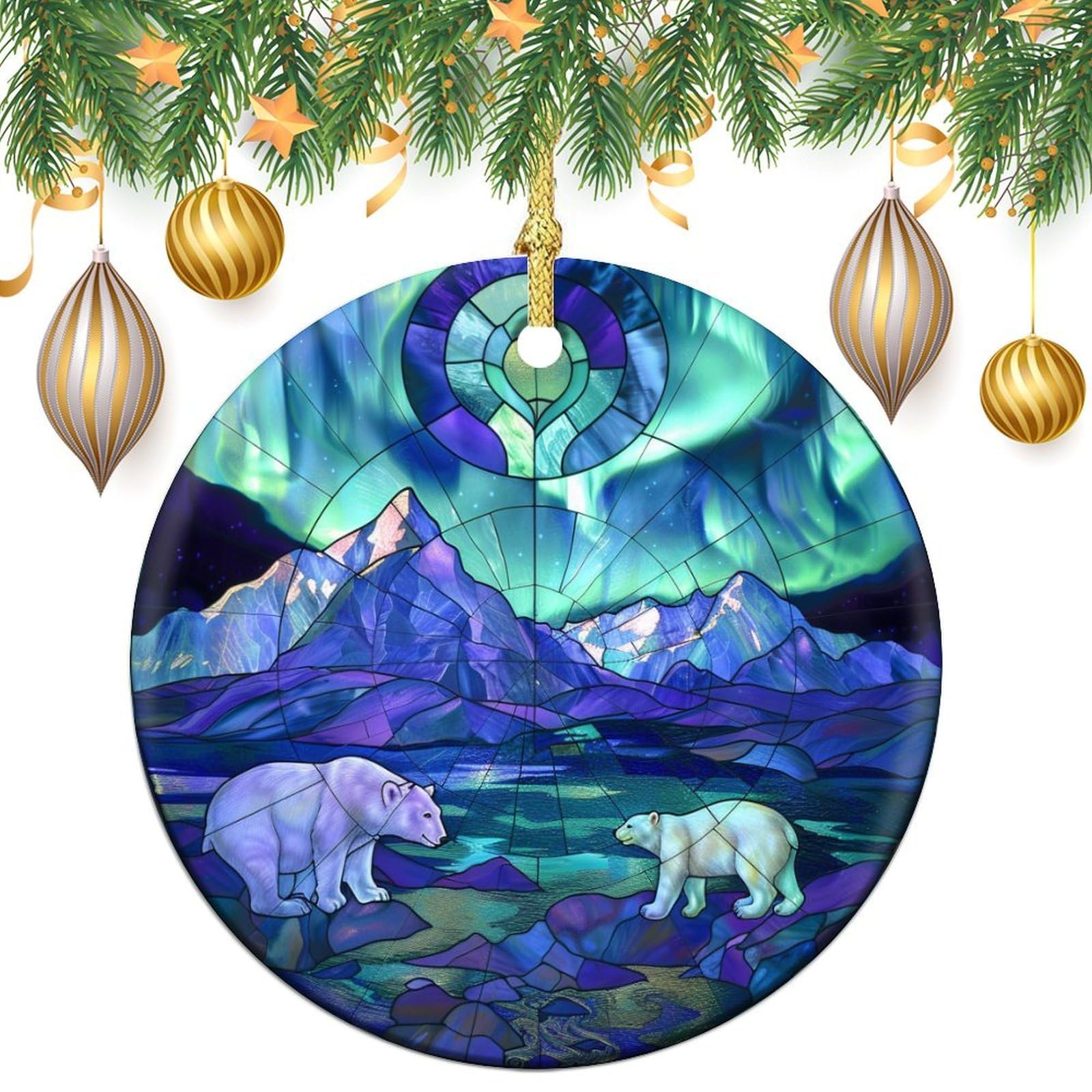 Stained Glass Polar Bears Christmas Tree Hanging Ornaments,2 Pieces, 7.2CM Round Double-Sided
