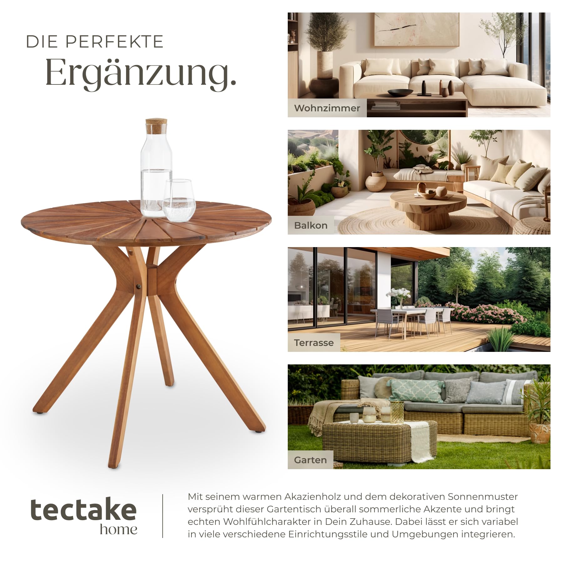 tectake® Massivholz Gartentisch, 70 x 70 x 62 cm, rund, wetterfest, X-Gestell, höhenverstellbar, Gartenmöbel, Akazienholz Gartentische, Outdoor Tisch, Gartentisch, Tischplatte mit Sonnenmuster