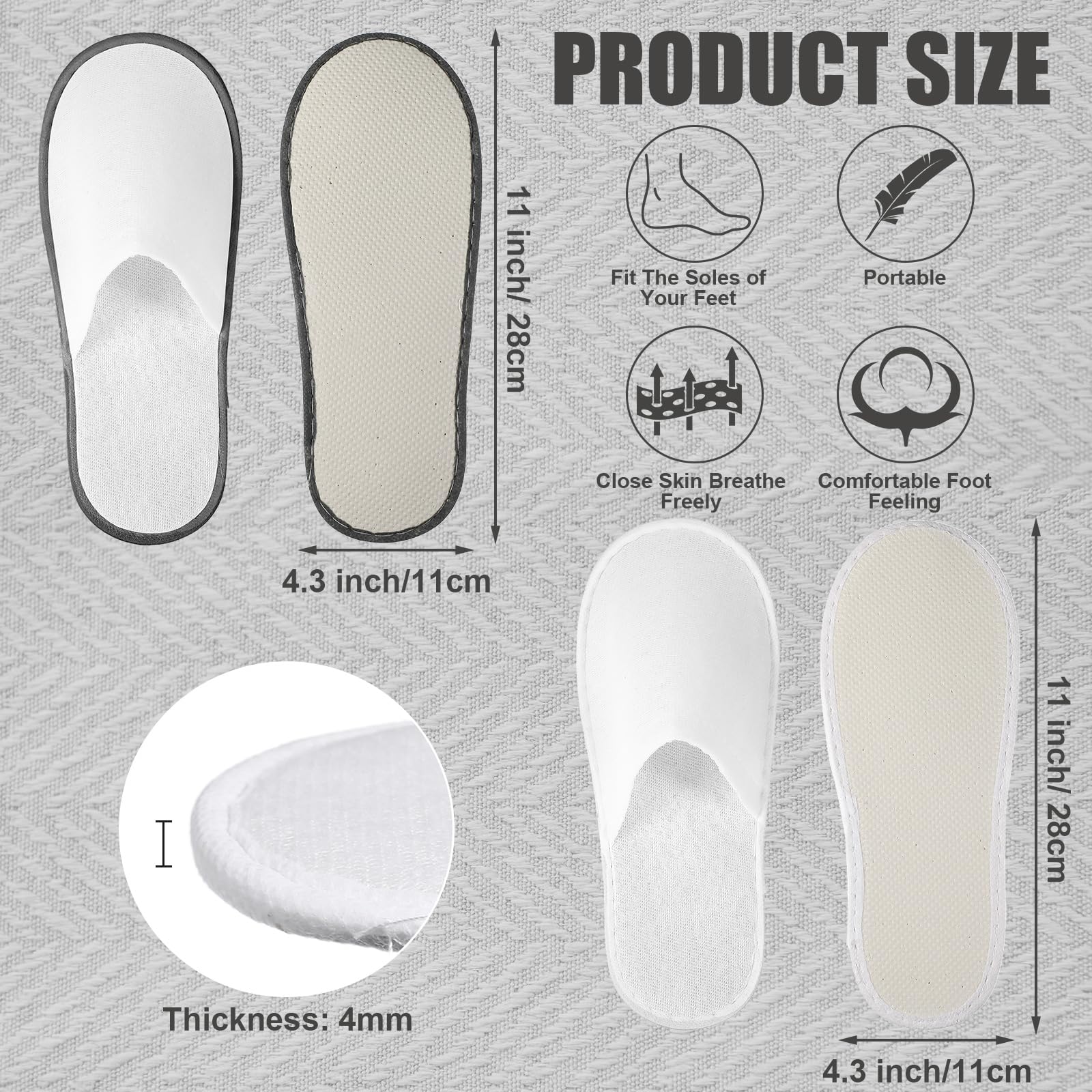 Ramede 80 Pairs Non Slip Disposable Slippers Bulk Hotel Spa Fluffy Closed Toe Indoor Slippers for Guests Men Women Home Wedding Travel Party(White, Gray)
