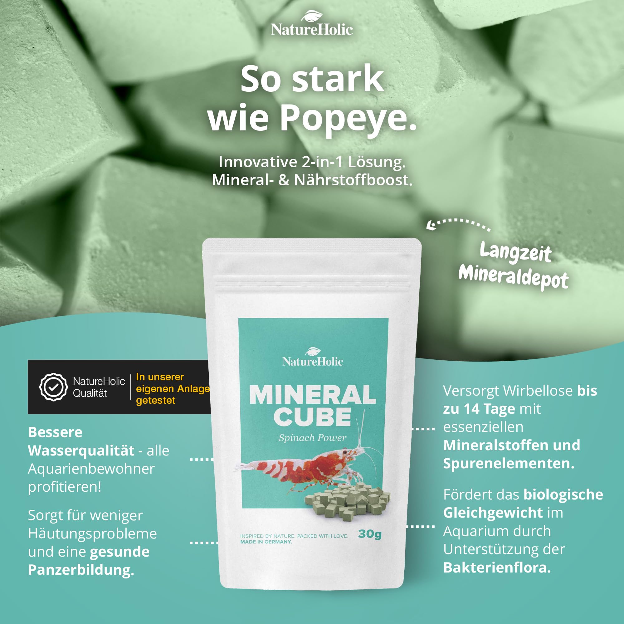 NatureHolic MineralCube - Confezione da 4 pezzi | Pure Mineral, Vitamine Power, Spinach Power & Blue Spirulina | Mangime minerale e permanente per gamberetti, lumache, granchi, granchi