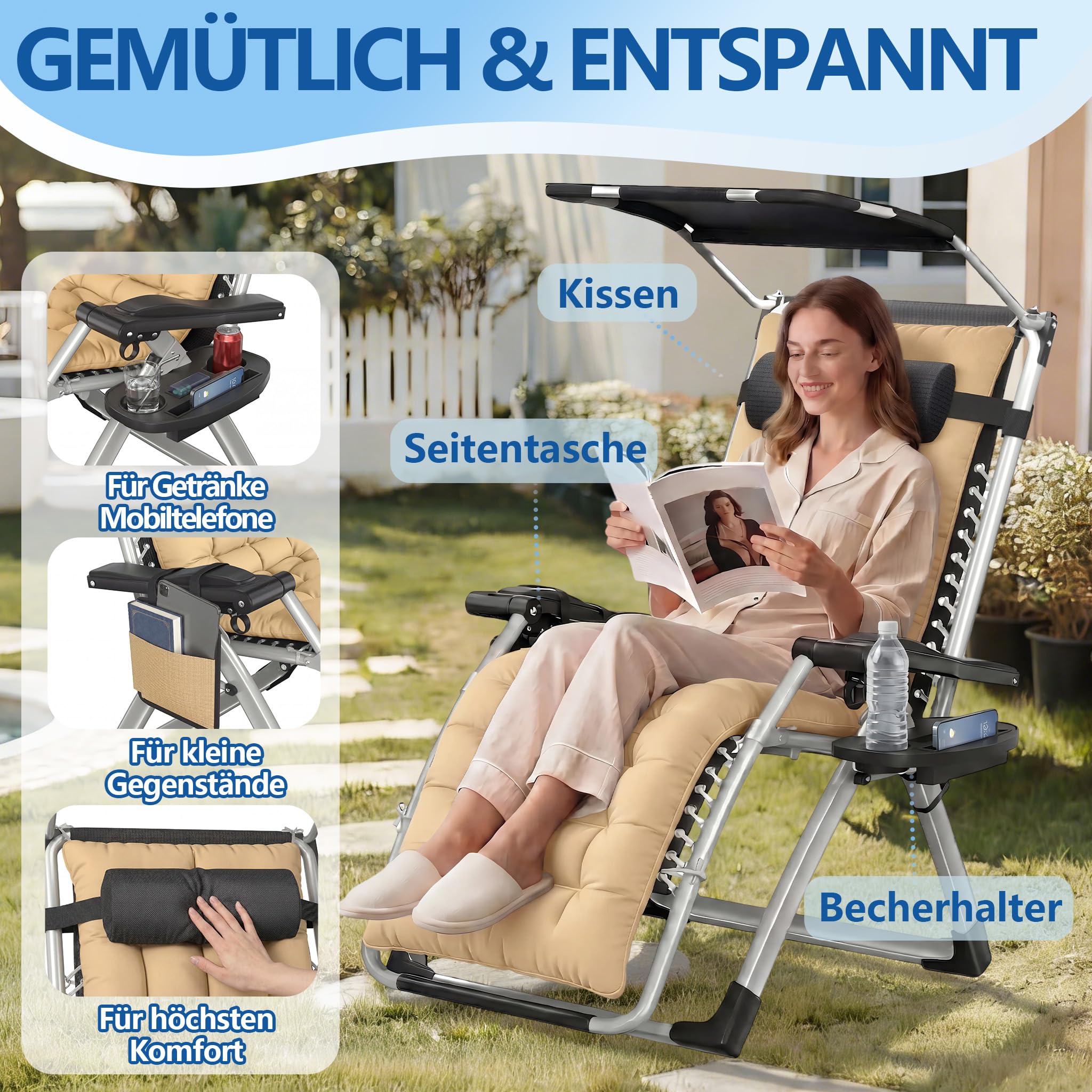 LZQ Sonnenliege klappbar mit Dach Gartenliege mit Kissen & Getränkehalter, ergonomischer Liegestuhl mit verstellbare Rückenlehne, Belastbar 160 kg, Outdoor Relaxliege für Garten Terrasse, Beige