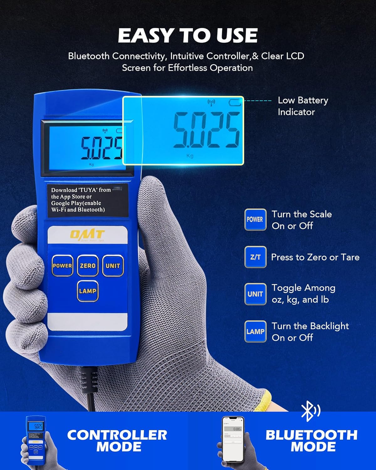 Close-up of the wired controller showing buttons for Power, Zero, Unit, and Lamp, with a hand demonstrating its use and a smartphone showing the Bluetooth app interface.