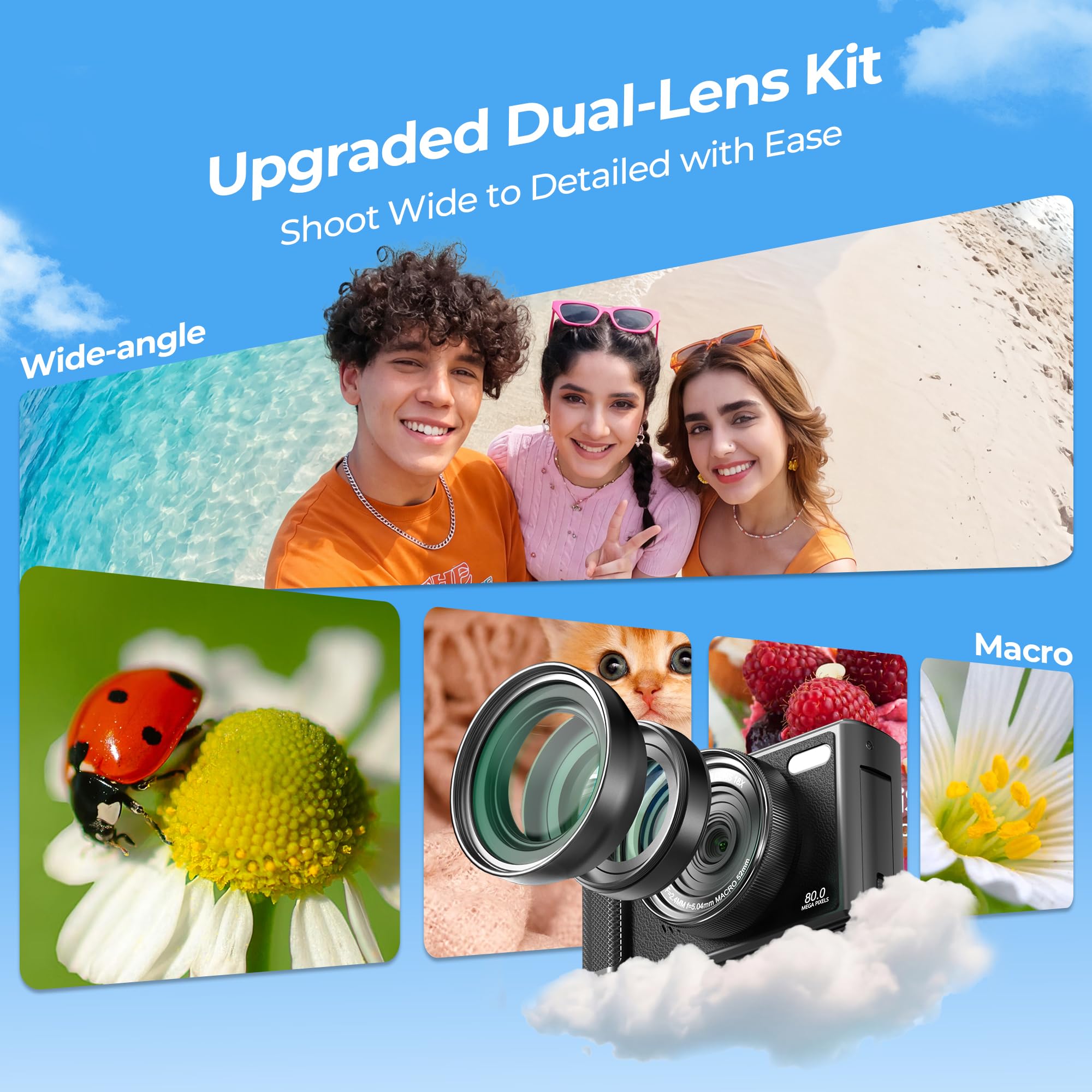 Fotocamera digitale 5K WiFi e fotocamera fotografica 80 MP, fotocamera vlogging per YouTube con messa a fuoco automatica, schermo pieghevole da 3" a 180°, zoom digitale 18x, fotocamera da viaggio per