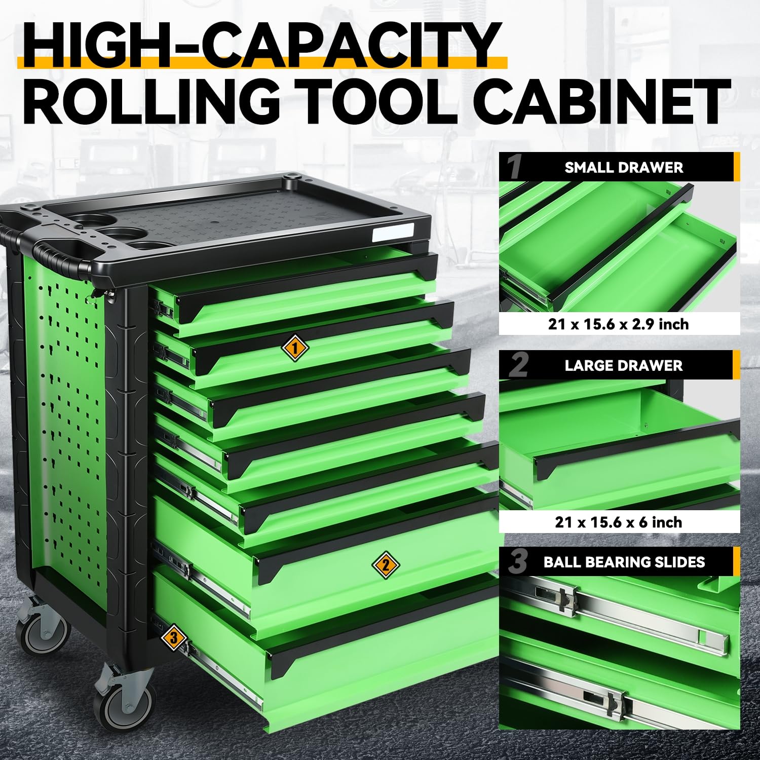 Universal Green 7 Drawer Plastic Top Tray Powder-Coated Steel Roller Cabinet for Garage Warehouse Home Office Workshop Repair Tools