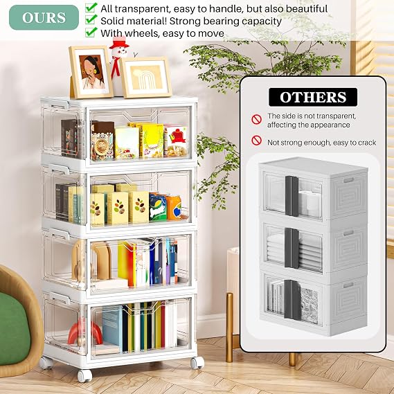 Storage Boxes with Lid - Plastic Storage Bins with 1 Lid,23L*4 Tier Clear Stackable Storage Boxes with Wheels,Large Bins Organizer for Bedroom Living Room Bathroom,4-Tier&1 Lid