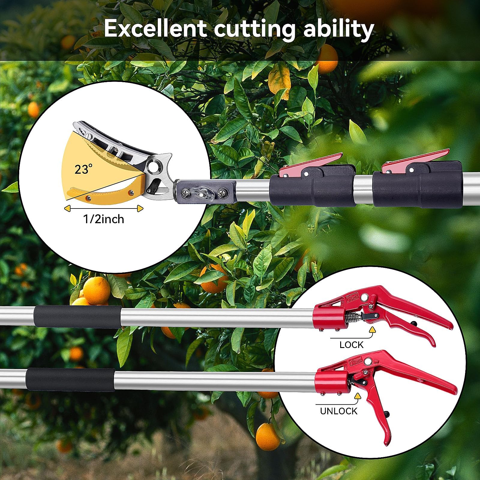 FLORA GUARD tijeras de podar telescópicas 1,4-3,05 m para ramas frescas y ramitas, sierra de ramas con dientes 3D SK5 para trabajar a largas distancias, recolector de frutas para jardín y exterior.