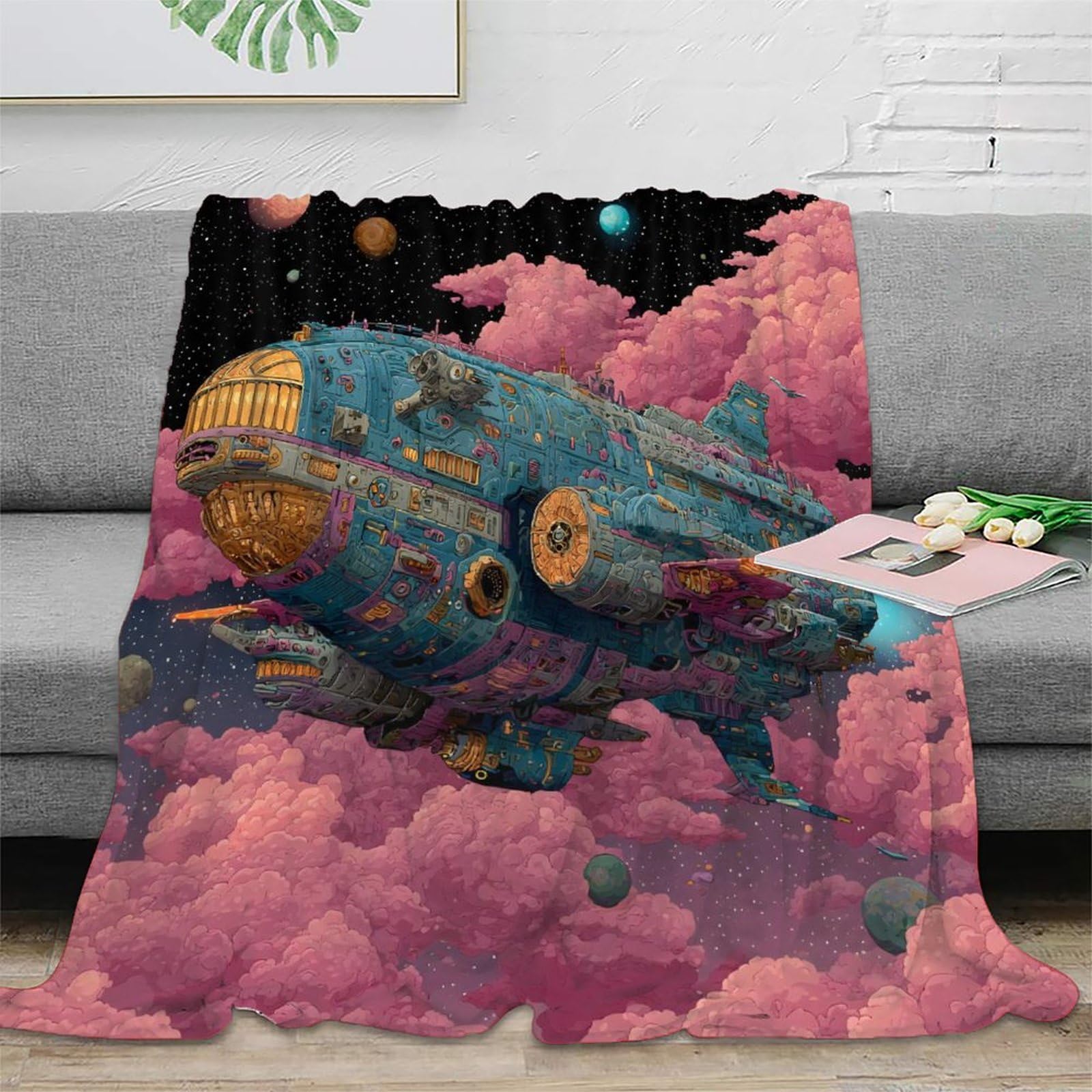 3D Gedruckte Weltraum Galaxie Nebel Sci-Fi Thema Flanell Kuscheldecke, Weltraum Erkundungsschiff Weiche Tagesdecke Für Sofa Bett, 70x80inch(180x200cm)