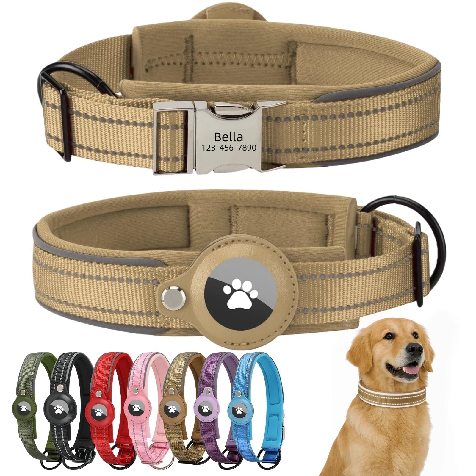 Personalised Airtag Dog Collar with Engraved Name Plate Apple Airtag Holder Quick Release Metal Buckle Reflective Adjustable Soft Padded Nylon for Large dogs (Brown, L) — image 1