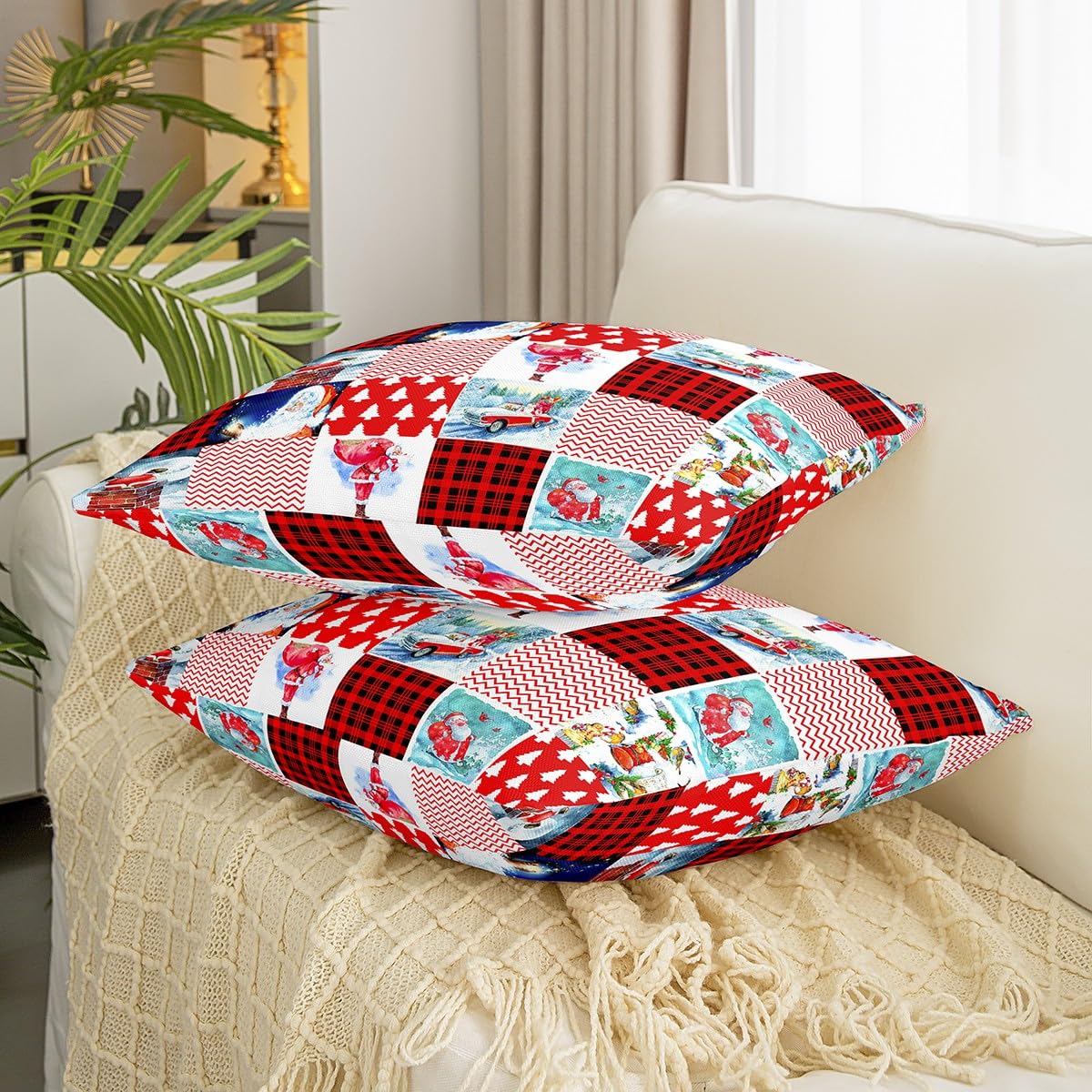Fundas de almohada con temática navideña, fundas de cojín para niños, juego de 1 funda de almohada de Papá Noel, decoración suave, líneas geométricas, fundas de almohada decorativas, fundas de cojín