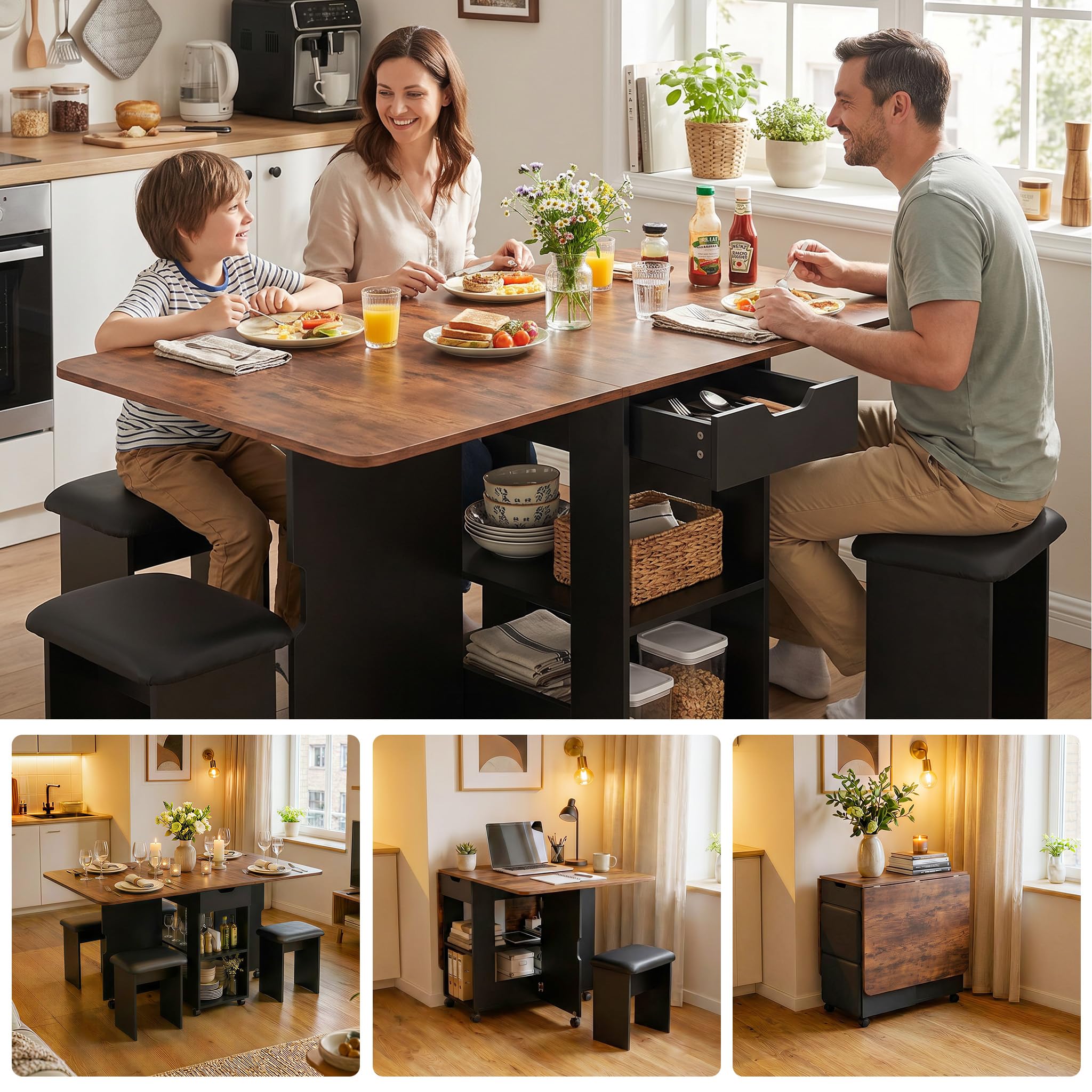 Mondeer Ensemble Table à Manger Pliable 140 cm avec 4 Chaises Rembourrés, Ensemble Table avec 2 Tiroirs et 2 Etagères de Rangement, pour Petits Espaces Cuisine Salle à Manger (Marron et Noir)