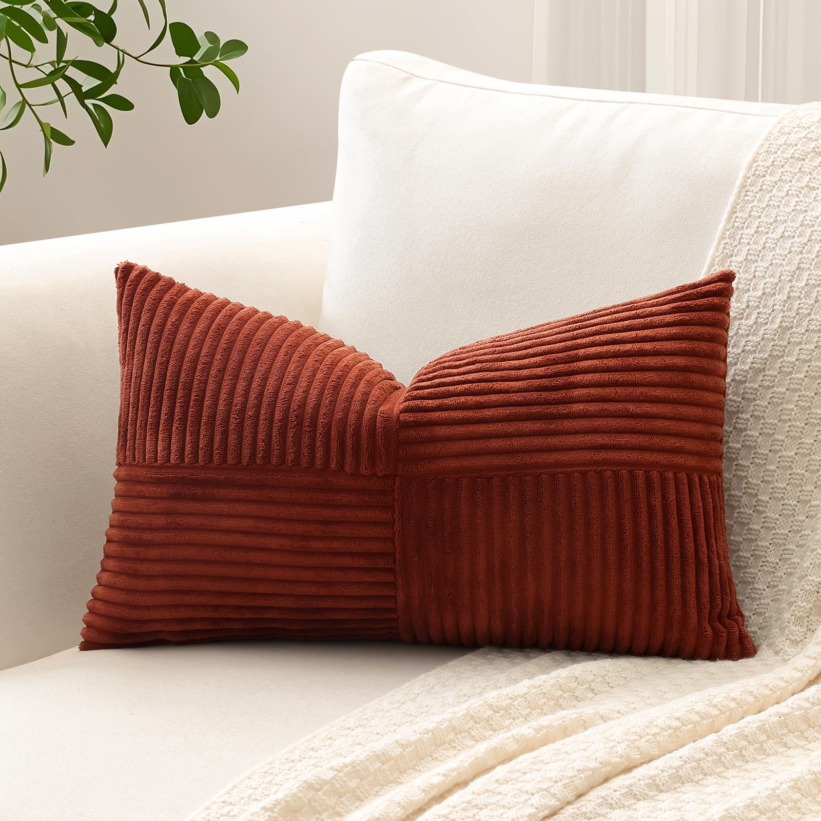 OTOSTAR Set of 1 Decorative Throw Pillow Cover Soft Corduroy Solid Lumbar Pillow Case Boho Striped Cross Patchwork Textured Cushion Cover for Sofa Car