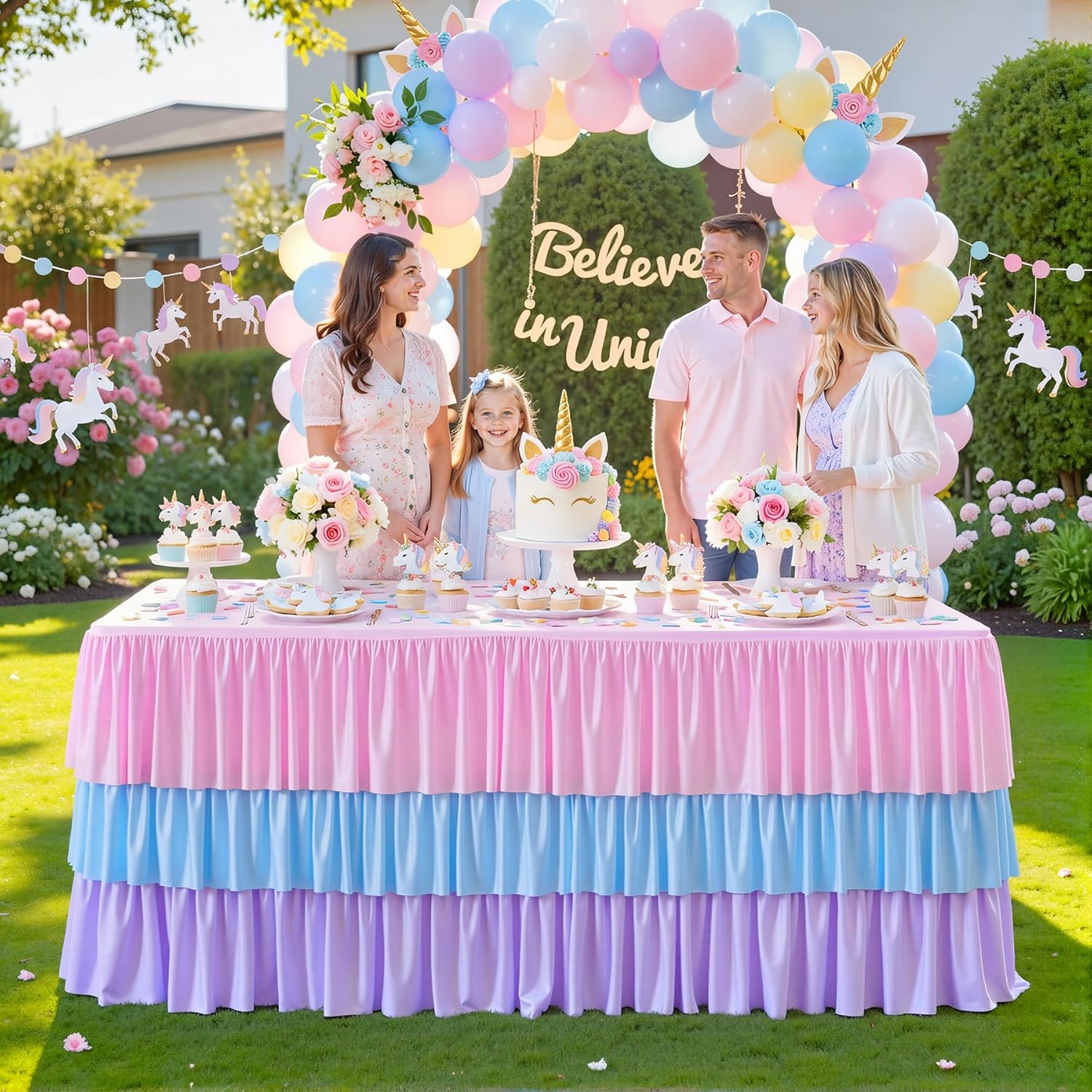 Rainbow Table Cloths for Parties 6ft Pastel Rainbow Birthday Party Tablecloth with Skirt Ruffle Table Covers for 6 foot Tables for Baby Shower Girls Celebrations Dessert Banquet Buffet Decorations