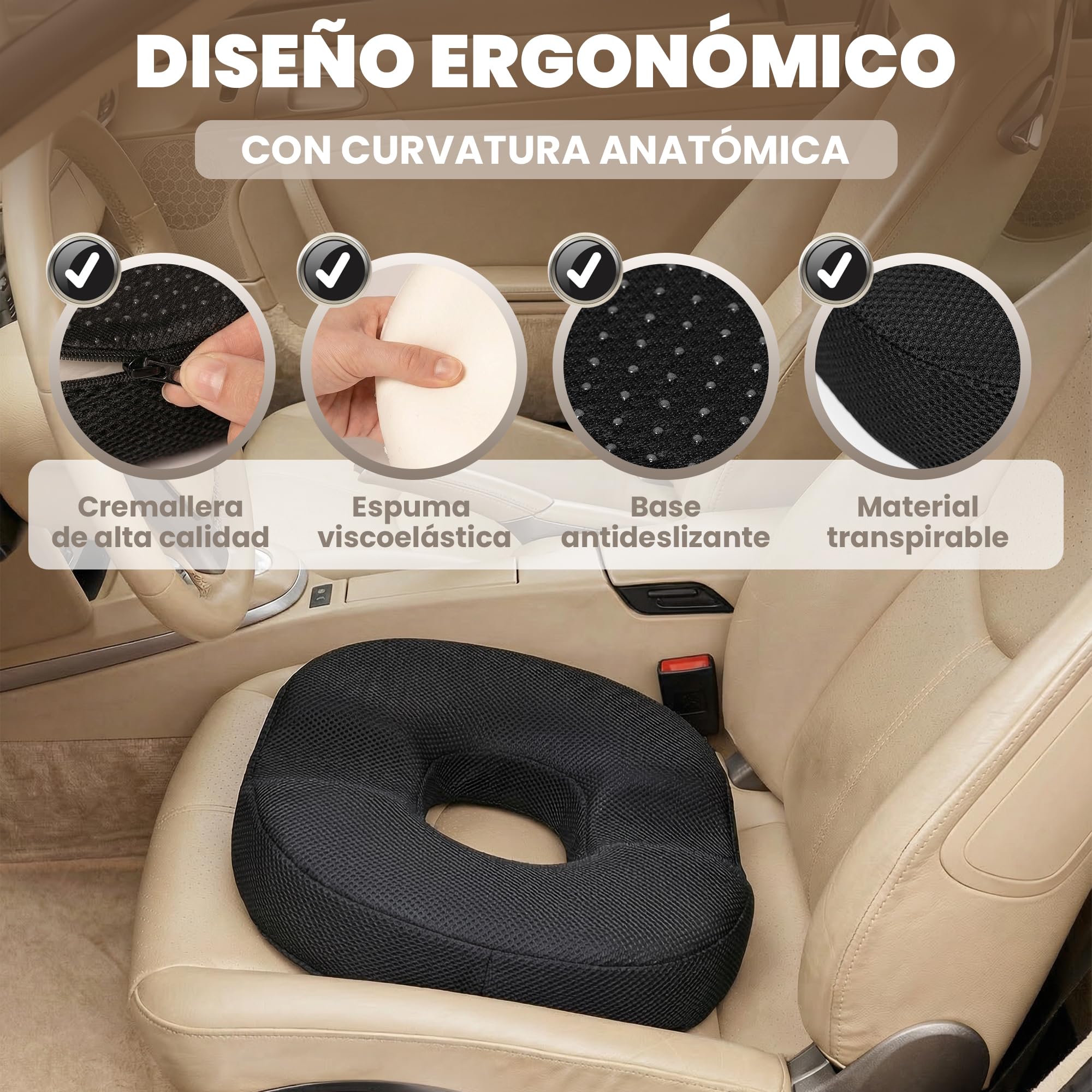 Cojín Ergonómico Viscoelástico de Coxis con Forma de Dónut – Ideal para Silla de Oficina, Coche y Teletrabajo en Jornadas Largas – Funda Transpirable Extraíble y Lavable a Máquina