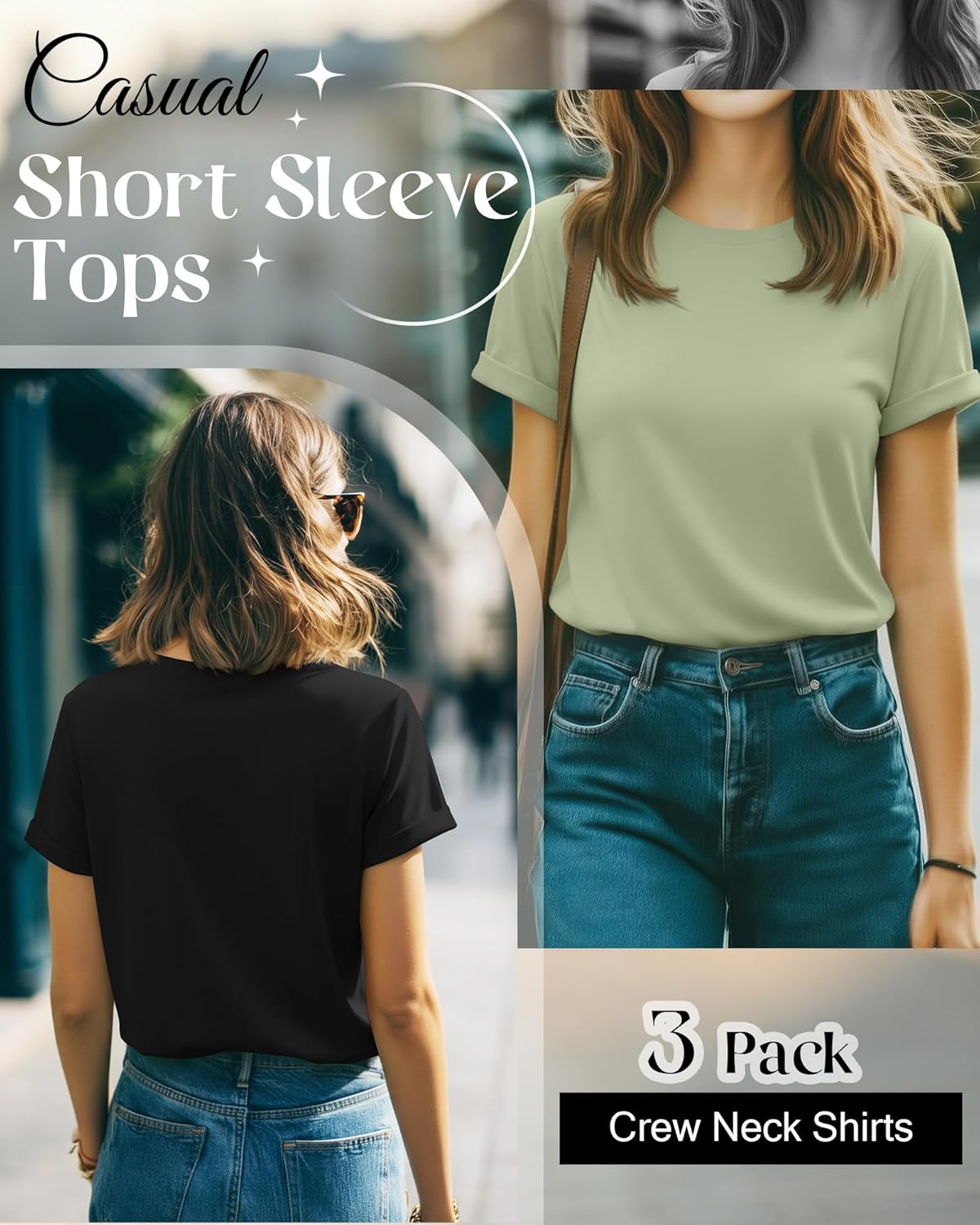 3 Pack Women's Short Sleeve T-Shirts Casual Crewneck Tops Basic Loose Fit Rolled Sleeve Tees Summer Plain Shirts - Image 3