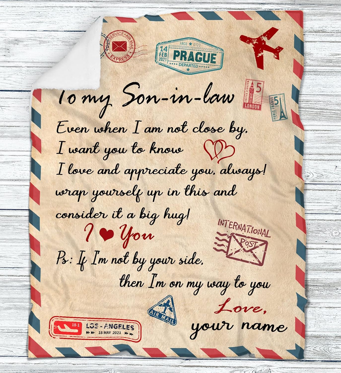 Personalized Air Mail Letter to My Son-in-Law Throw Blanket, I Love You Blankets, Gift to My Son Blanket from Mom, Custom Gift to My Daughter,Granddaughter, Grandson, Customized Name