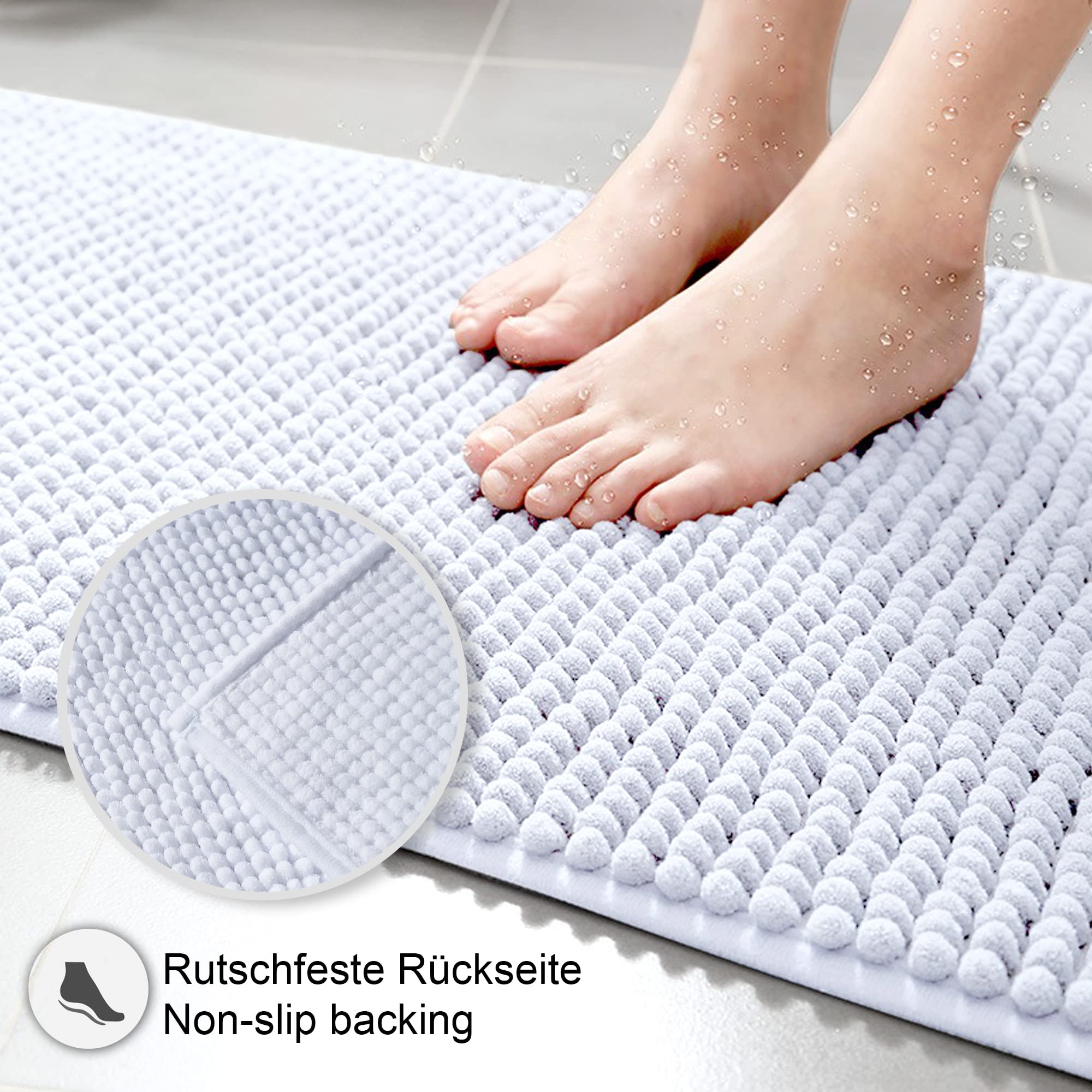 Decomira Badematte rutschfest | Als Badteppich Set kombinierbar | Badezimmer-Teppich Bad-Vorleger waschbar aus Chenille | Duschvorleger für Dusche, Badewannen, WC Deko | Weiss