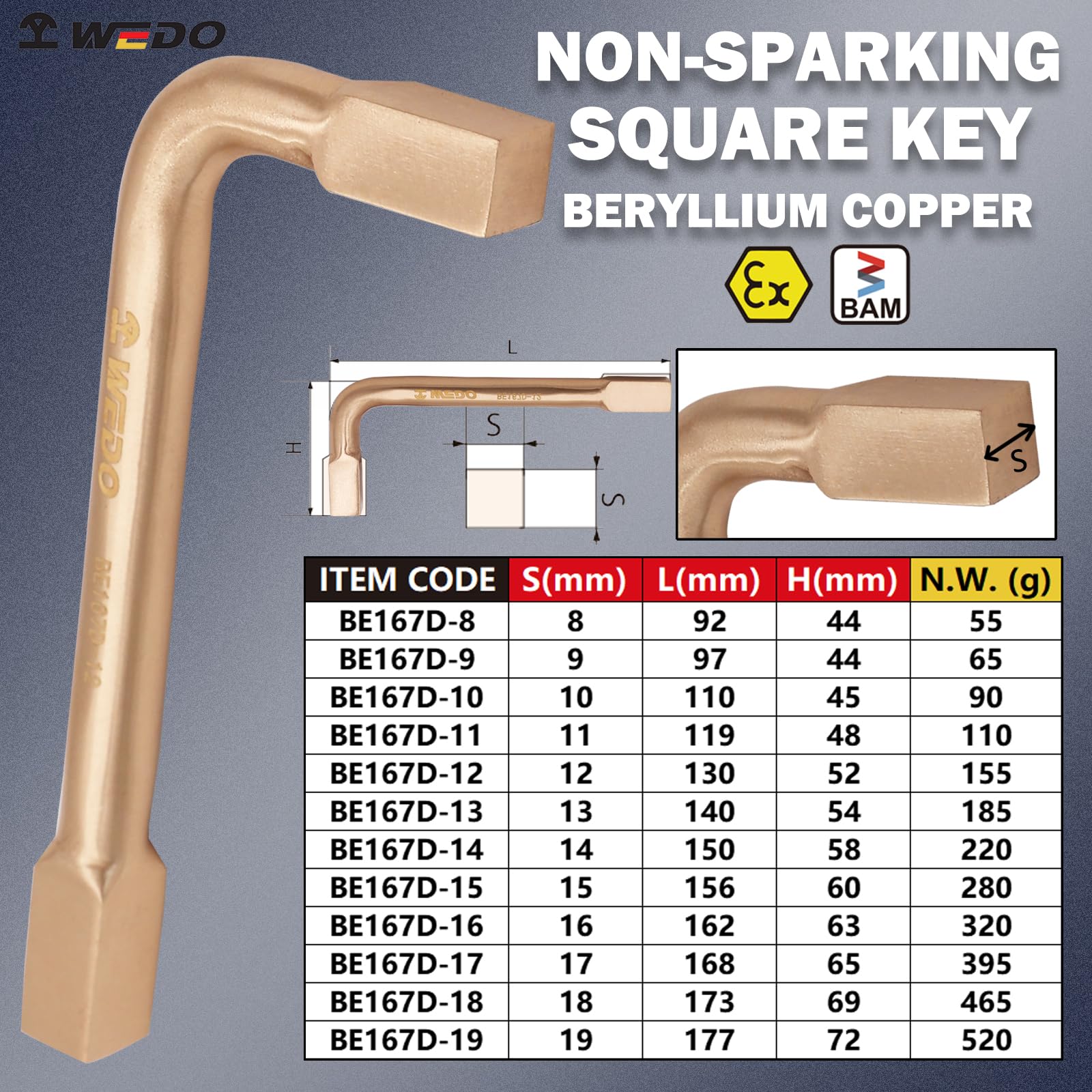 WEDO Non-Sparking Square Head Wrench,15mm,Metric Spark-free Square Wrench Key,Safety L Shape Spanner,Length 156mm,Beryllium Copper,Non-magnetic,BAM&FM Certificate,One-time Die-forged