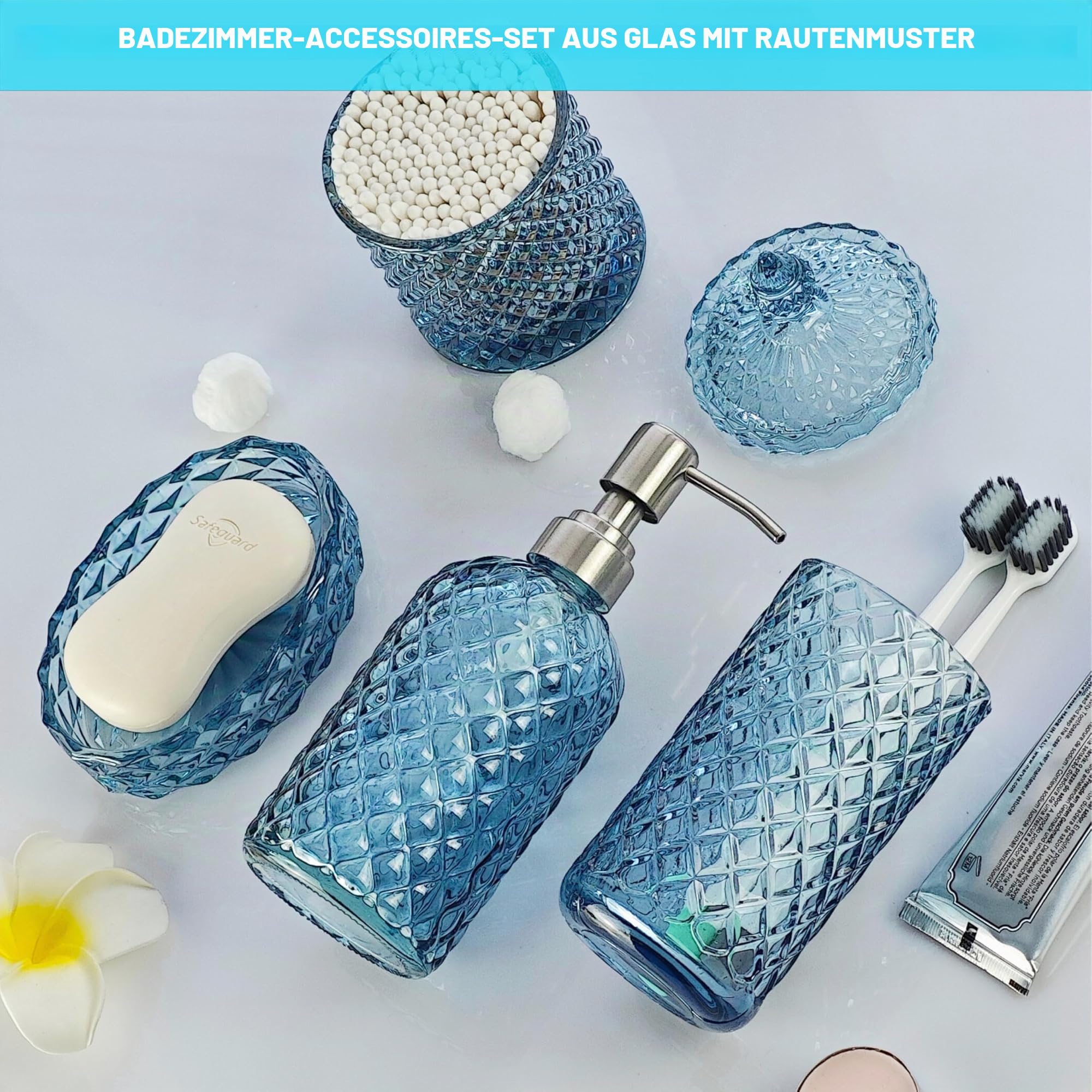 LaMarriti Blaues Badezimmer-Zubehör-Set, 4-teilig, klares Glas, Badezimmer-Zubehör-Set, Lotion-Seifenspender, Zahnbürstenhalter-Set, Seifenschale, Qtip-Halter für Moderne Baddekoration, Hellblau | Lotion Seifenspender, Zahnbürstenhalter Set, Seifenschale,