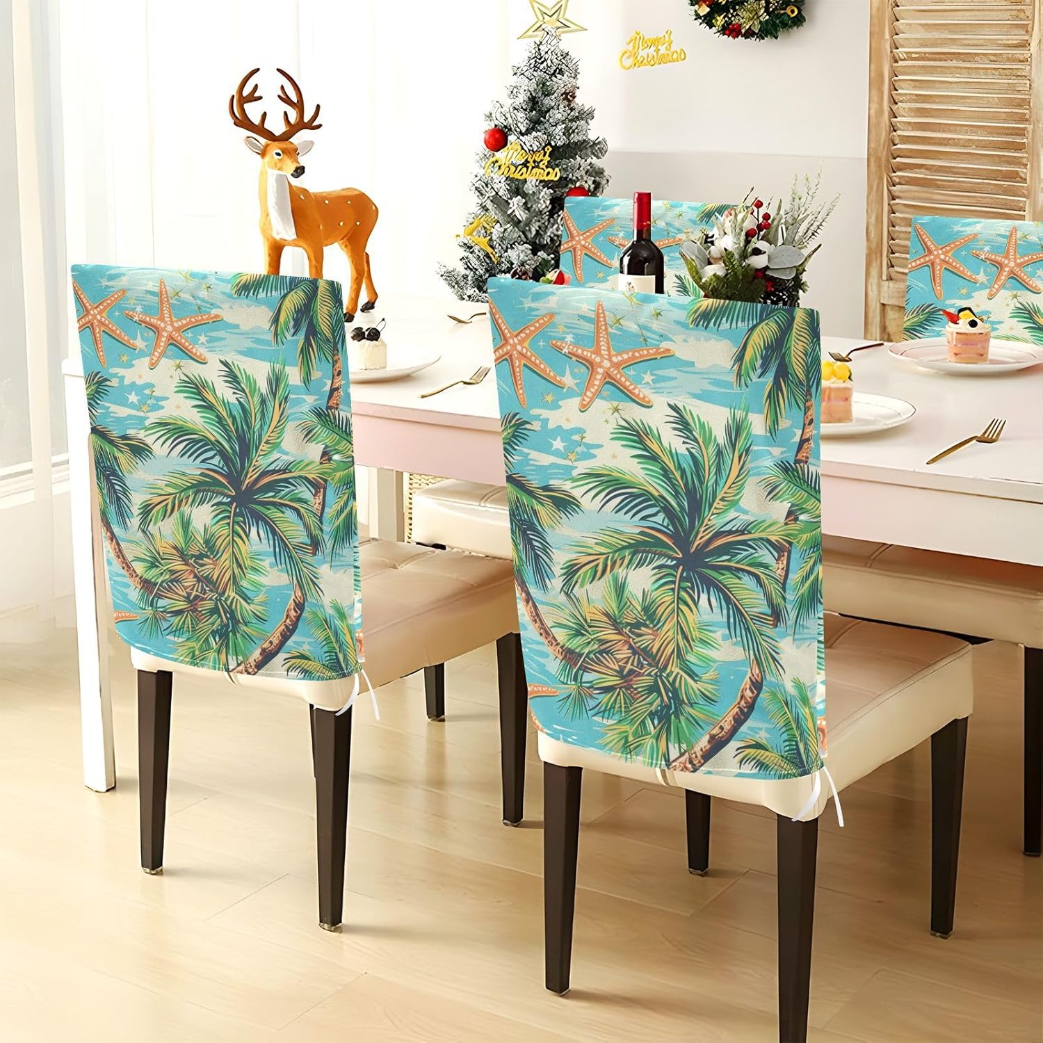 ALAZA Tropical Palm Tree and Starfish Chair Back Cover Set of 6, Washable Reusable Removable Chair Slipcovers Decorative Chair Cover for Home Kitchen Wedding Party