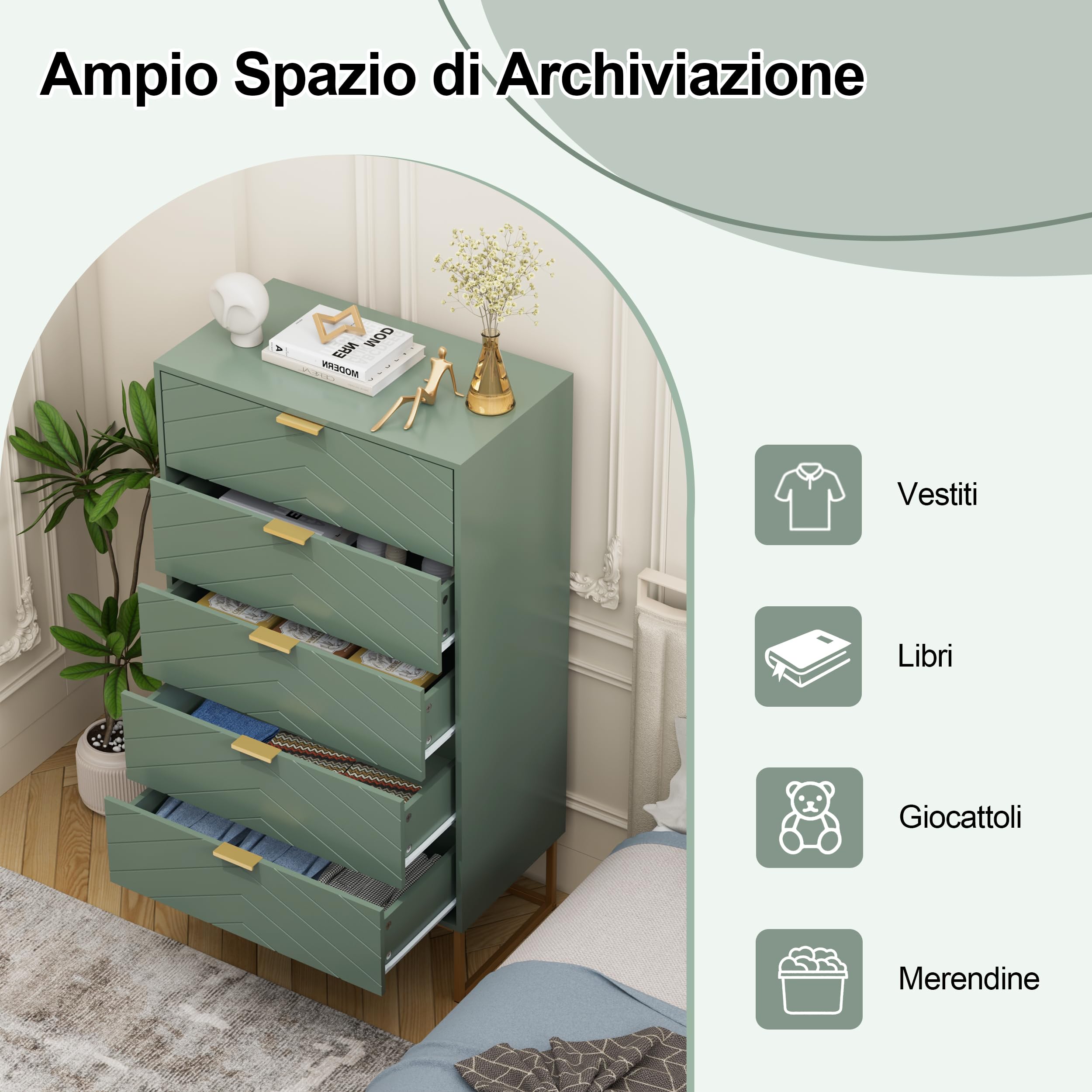 UEV Cassettiera Camera da Letto, Settimino con 5 Cassetti e Motivo di Linea, Mobiletto Moderno e Pratico, Sicuro Design Antiribaltamento, 60x34x110cm, Verde