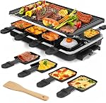 Raclette Grill pour 8 Les gens, 1300W Électrique avec 1 Pâte à griller antiadhésive réversible & 8 Mini Poêles à fromage & 1 Spatule en bois, Barbecue familiale intérieure & Parti
