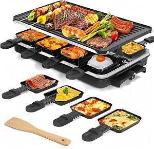 Raclette Grill for 8 People, 1300W Electric with 1 Reversible Non-stick Grill Pan & 8 Mini Cheese Pans & 1 Wooden Spatula, Indoor Family Barbecue & Party