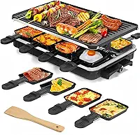 Raclette Grill, Raclette para 8 pessoas, grelha elétrica de 1300 W com 1 frigideira antiaderente reversível e 8 mini formas de queijo raclette e 1 espátula de madeira, para churrasco familiar