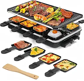 Raclette Grill, Raclette para 8 pessoas, grelha elétrica de 1300 W com 1 frigideira antiaderente reversível e 8 mini formas de queijo raclette e 1 espátula de madeira, para churrasco familiar