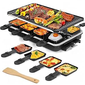 Parrilla Raclette reversible LeuKoles, Raclette para 8 personas, parrilla eléctrica antiadherente de 1300W con 8 sartenes mini para queso Raclette y 1 espátula, para barbacoas en interiores