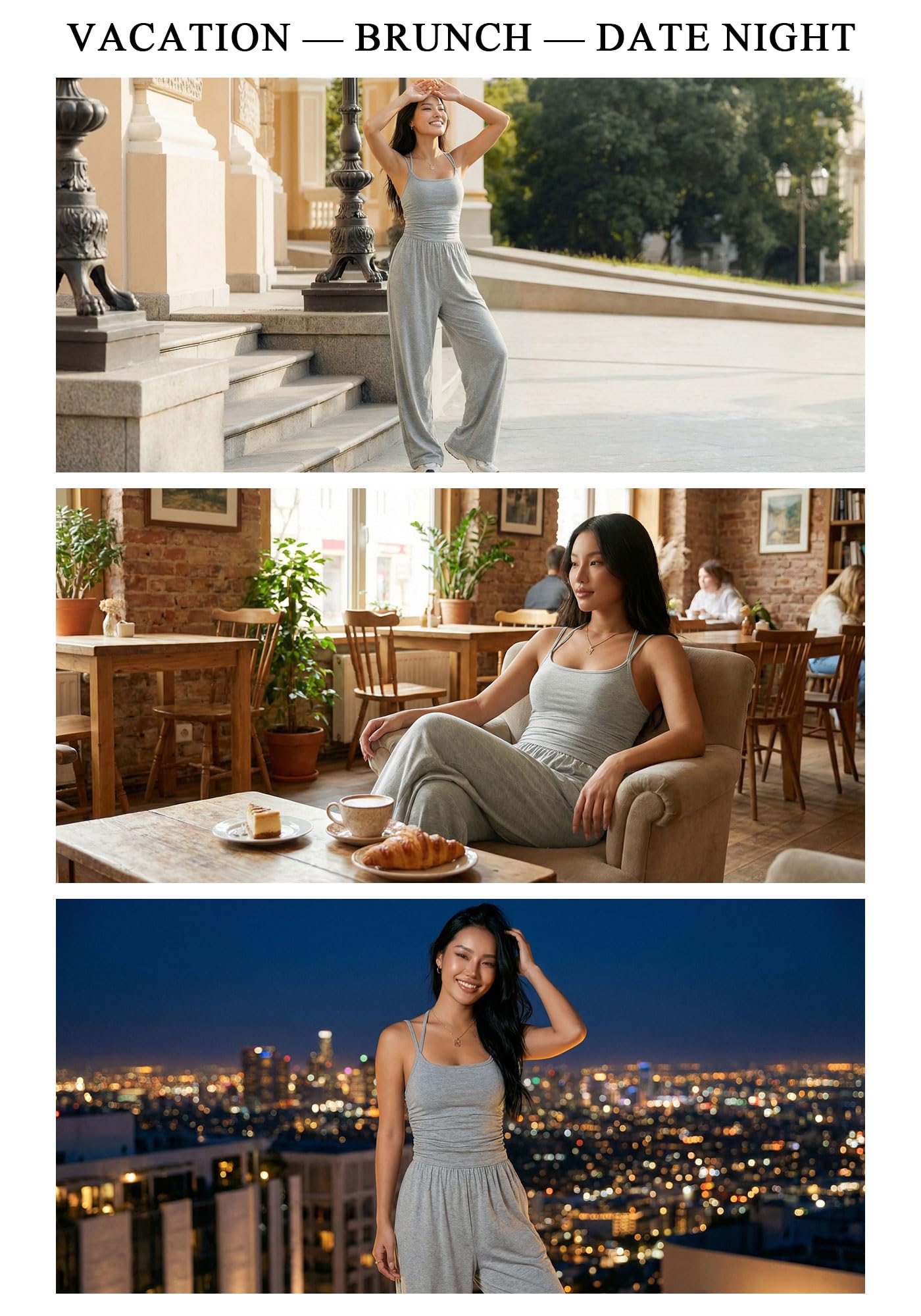 Damen Jumpsuit One Piece Outfit mit weitem Bein, Rückenfrei, Ärmellos, Spaghettiträger für Sommer, Urlaub, Freizeit Date